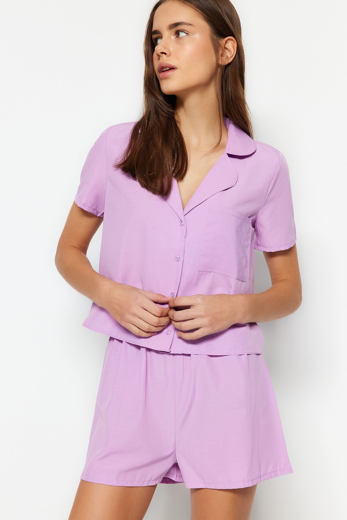 Levně Trendyol Lilac Terrycotton Shirt-Shorts Woven Pajama Set
