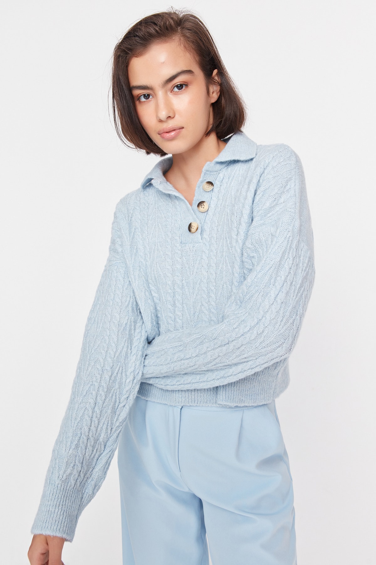 Levně Trendyol Light Blue Crop Polo Collar Knitwear Sweater