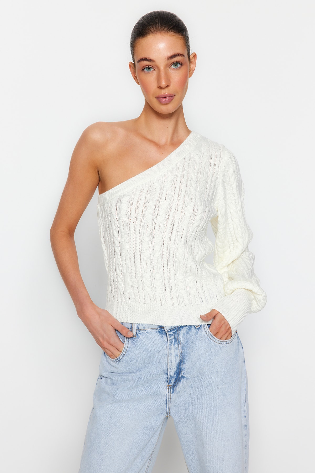 Trendyol Ecru Boat Collar Knitwear Sweater