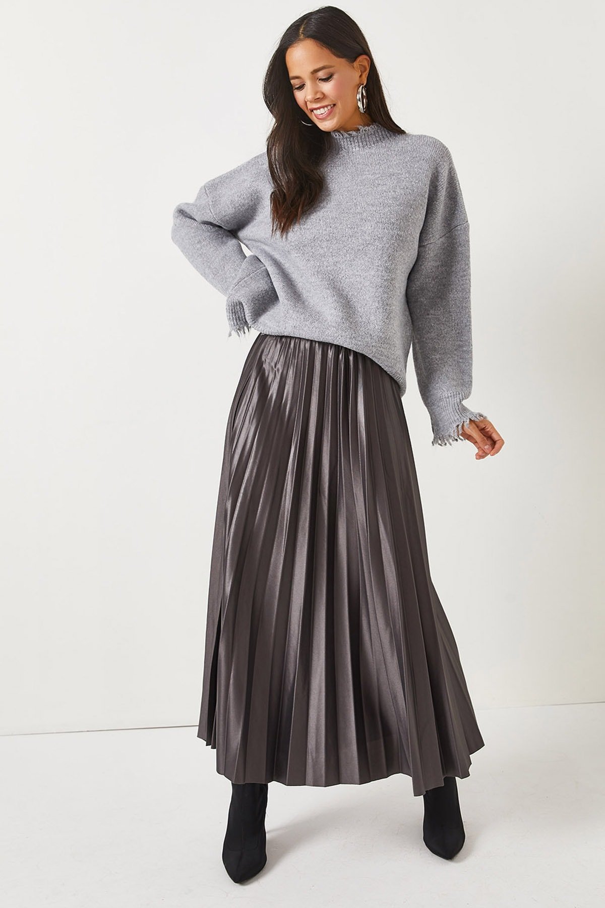 Levně Olalook Anthracite Leather Look Pleat A-Line Skirt
