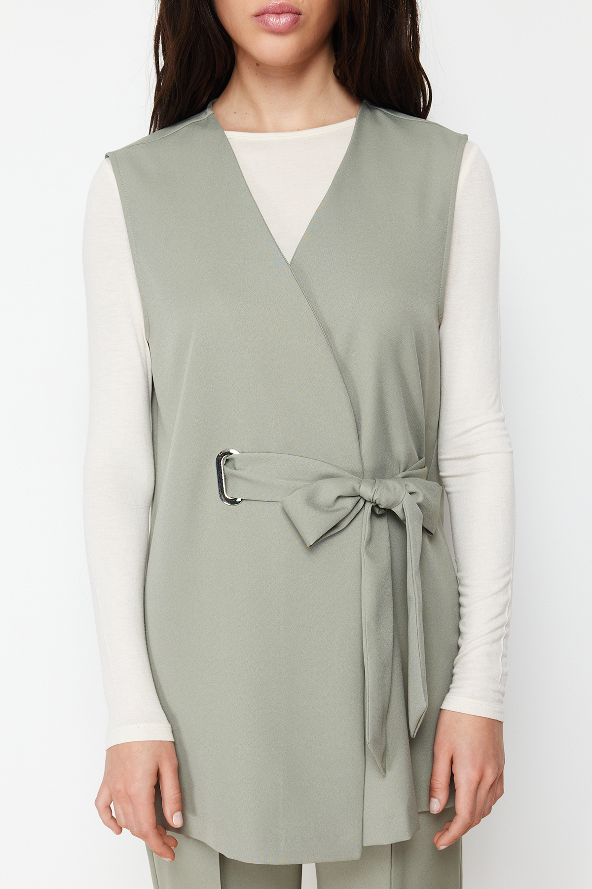 Trendyol Khaki Accessory Detailed Woven Fabric Vest Trousers Bottom Top Set