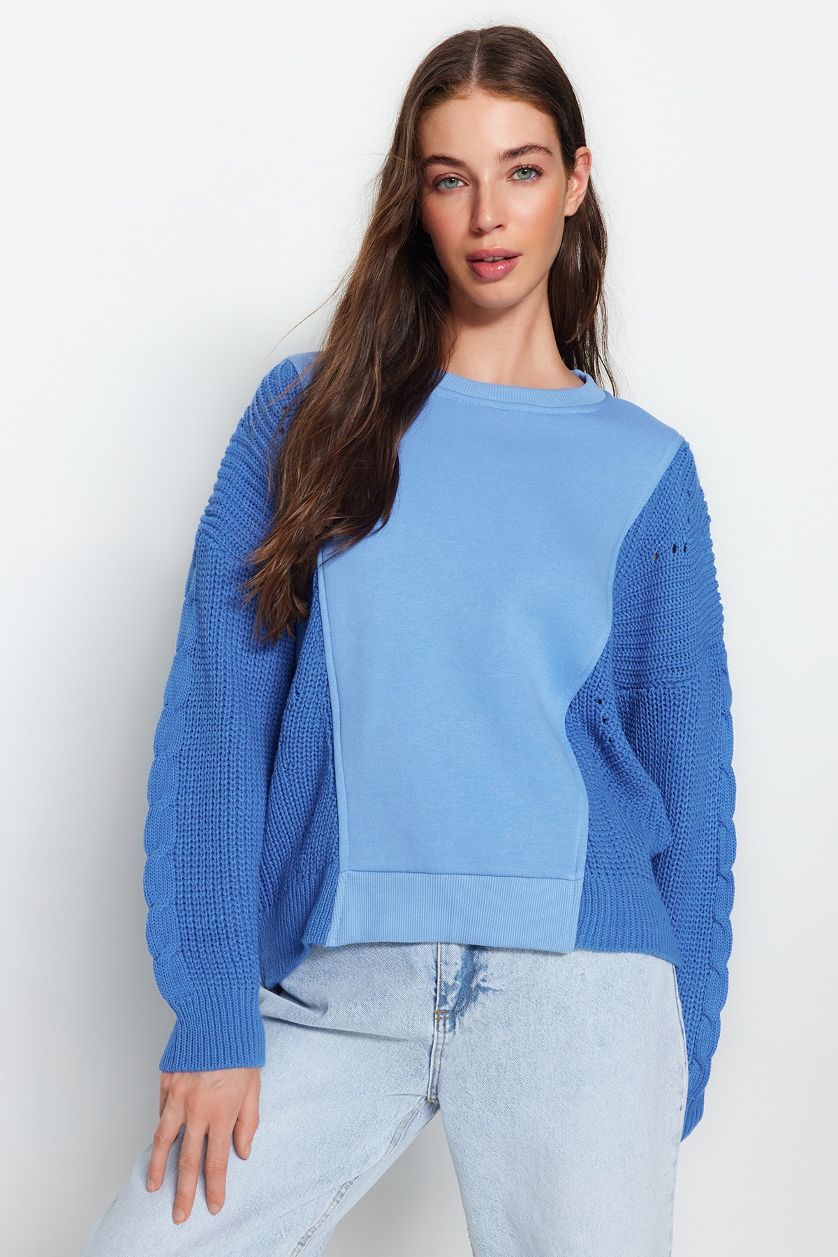 Trendyol Blue Knitted Detailed Crewneck Knitwear Sweater