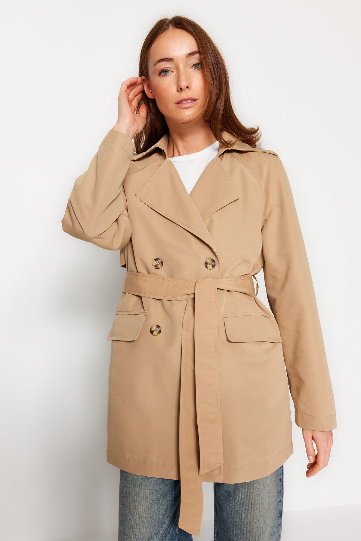 Trendyol Bej oversize wide cut beltted trenci