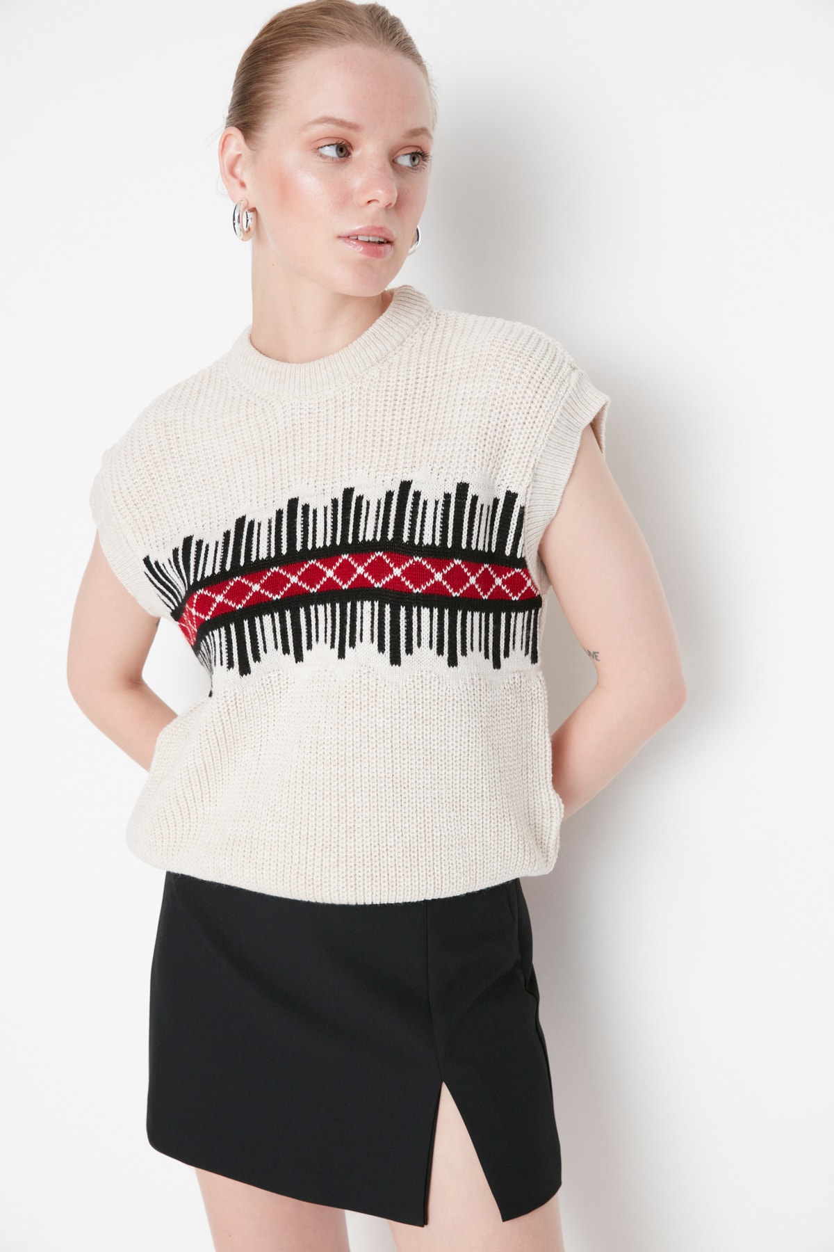 Trendyol Stone Patterned Crewneck Knitwear Sweater