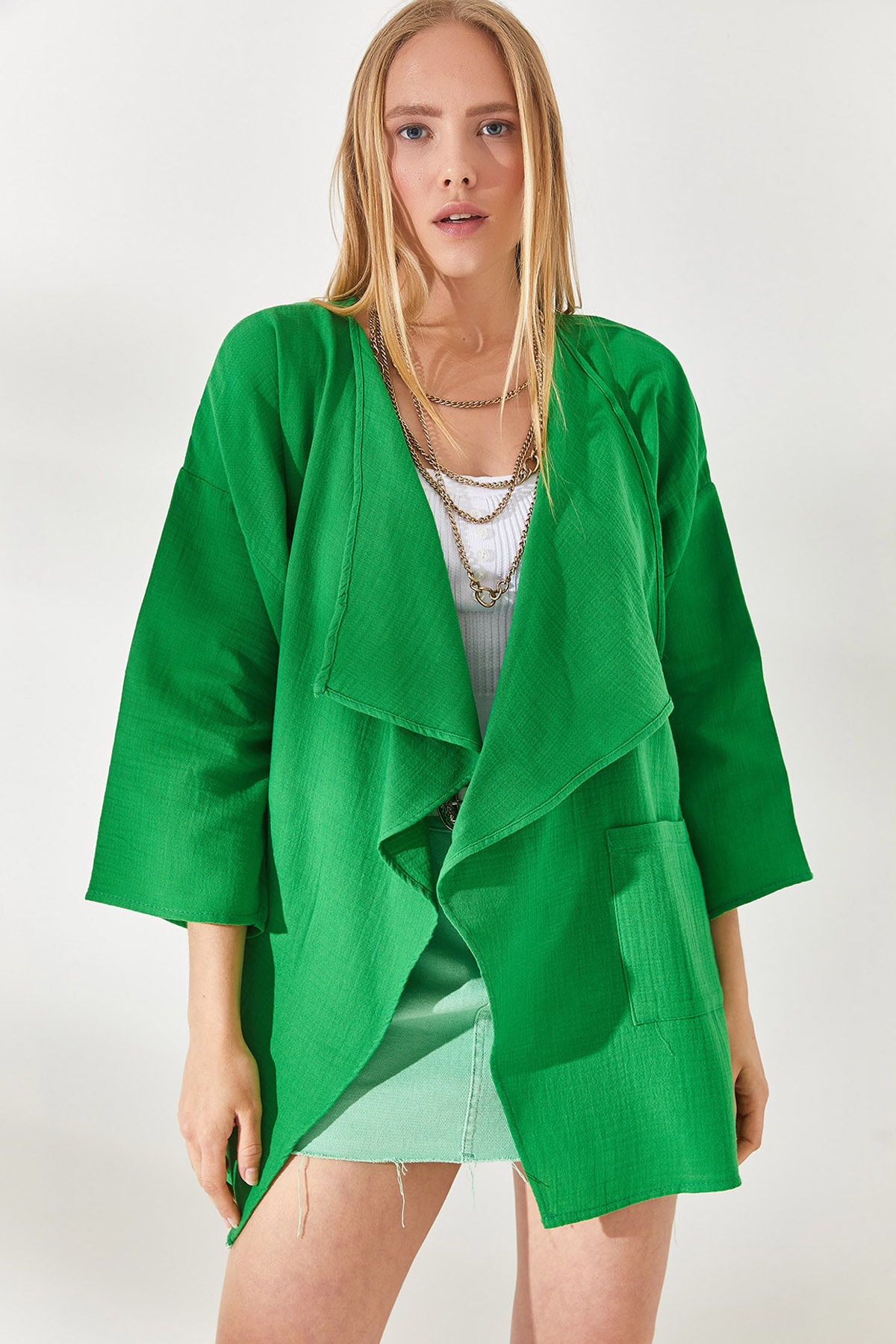 Olalook Women's Grass Green Shawl Collar Oversized Muslin Jacket With Pocket