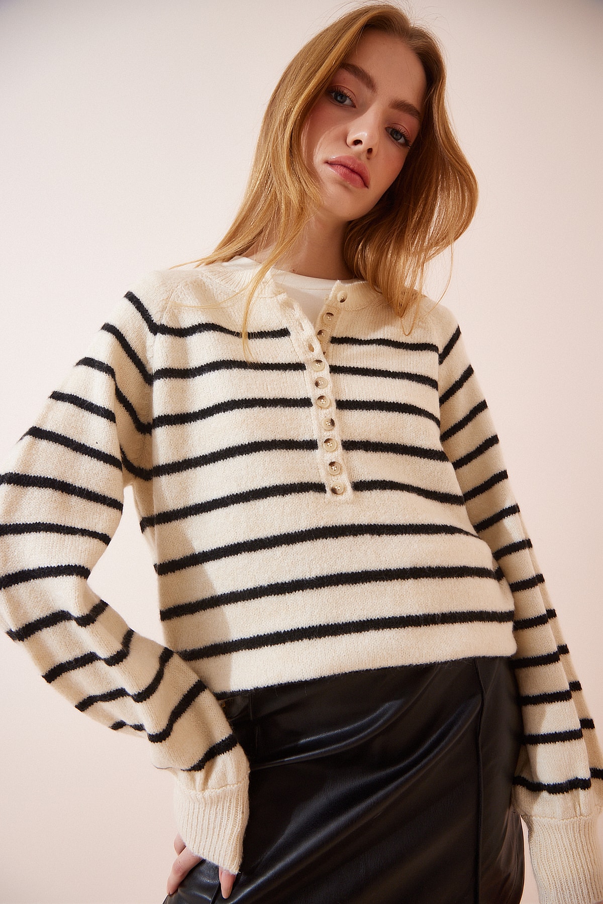 Happiness İstanbul Women's Bone Black Buttoned Collar Striped Knitwear Sweater
