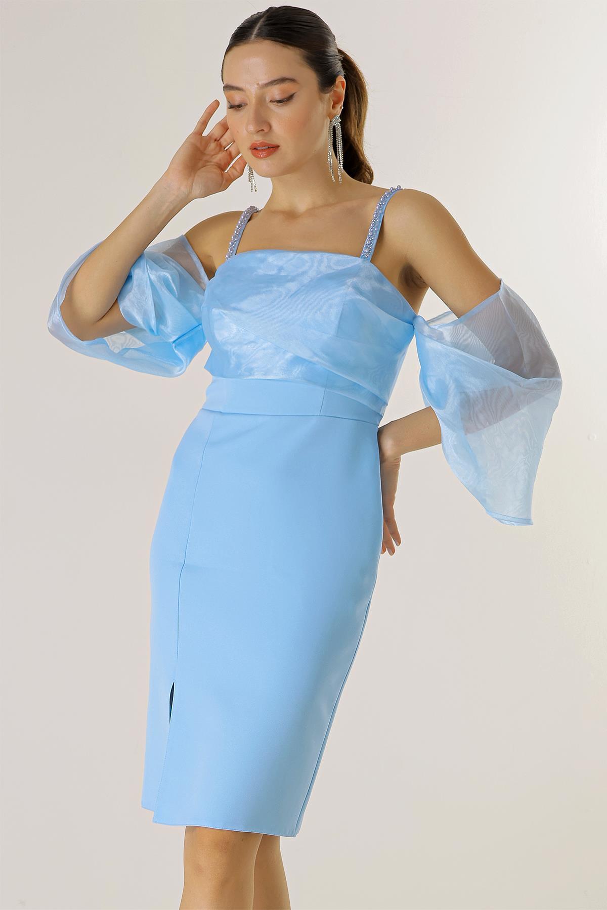 By Saygı Bead Detail Strap Organza Low Sleeve Lined Crepe Dress