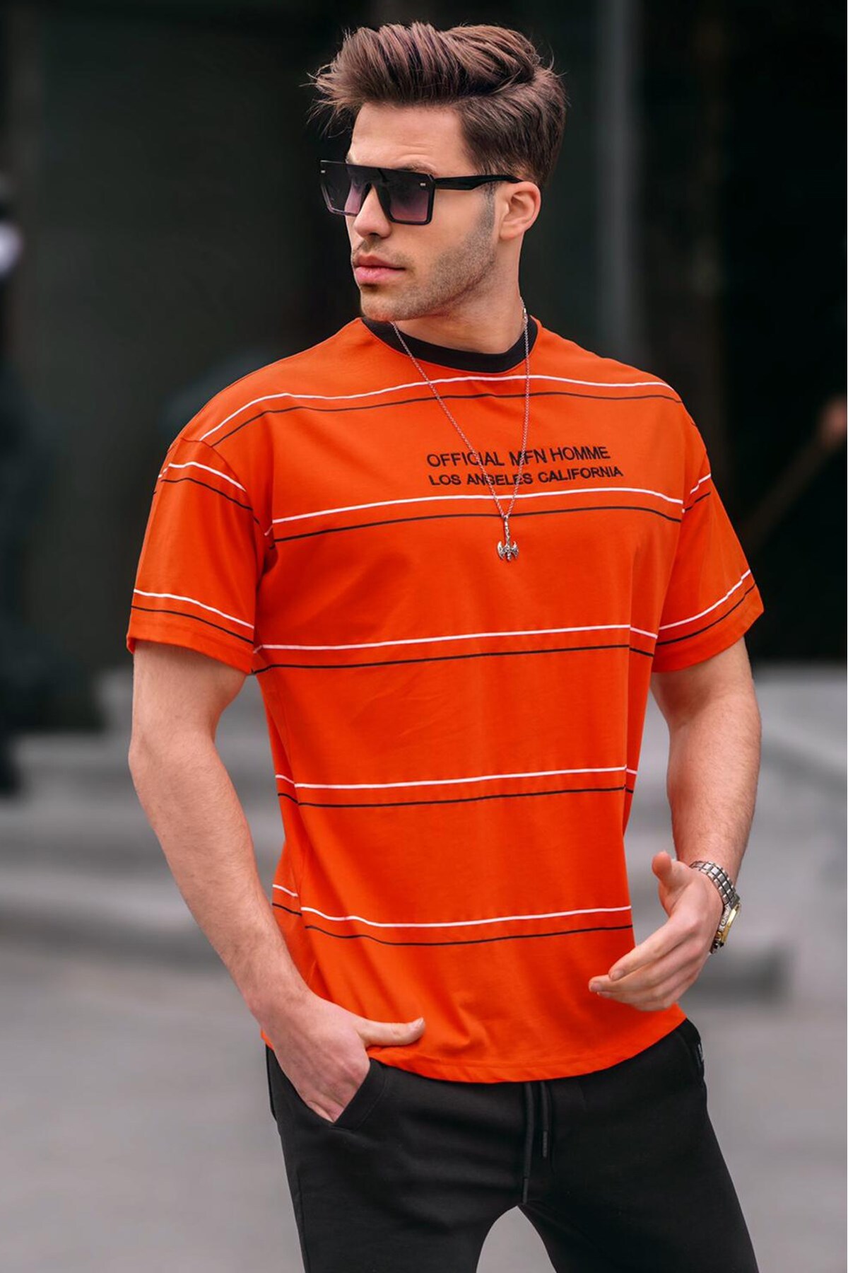 Levně Madmext Crew Neck Orange Striped Comfort Fit Men's T-Shirt 6063