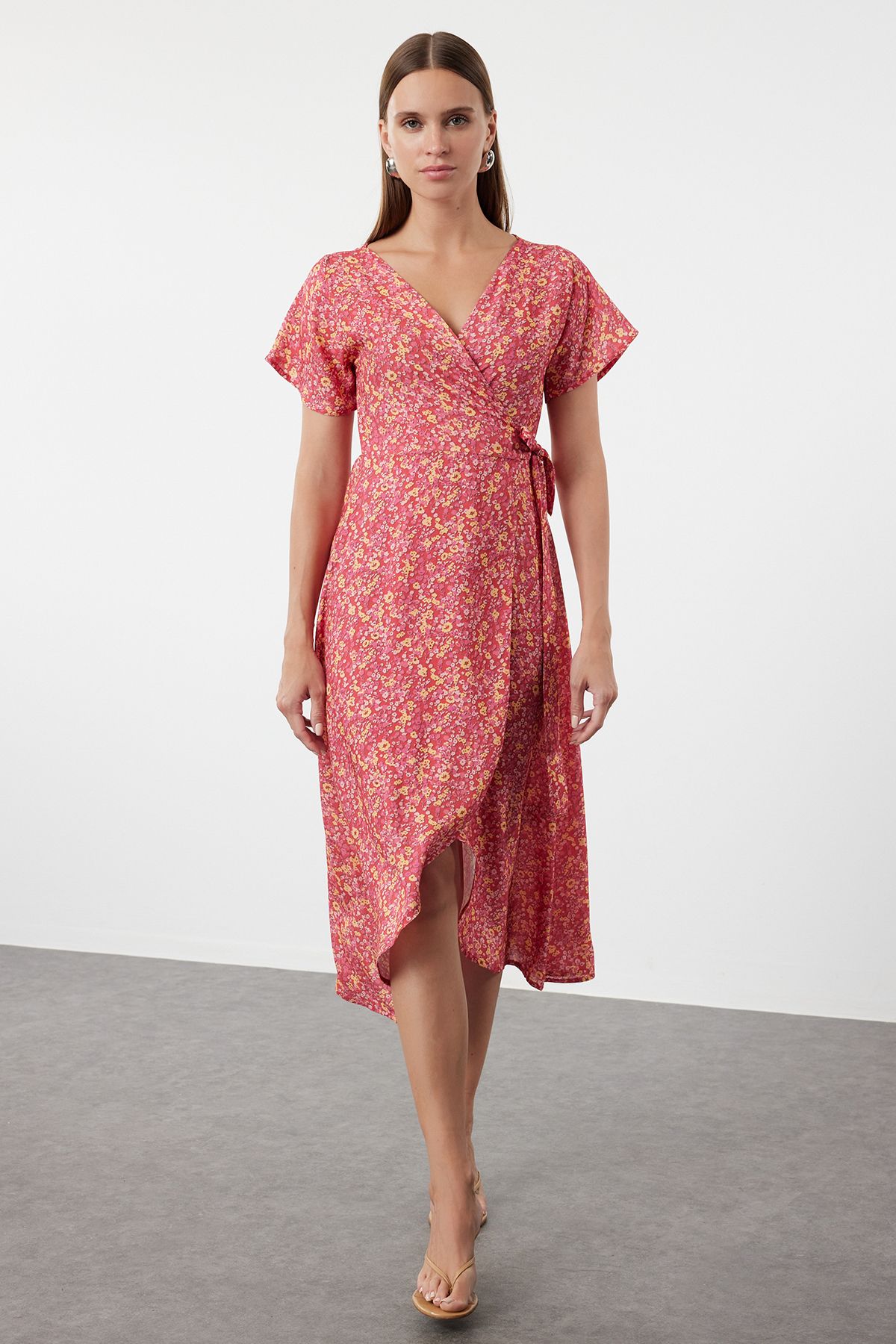 Trendyol Pink Floral Double Breasted Neck Viscose Woven Dress