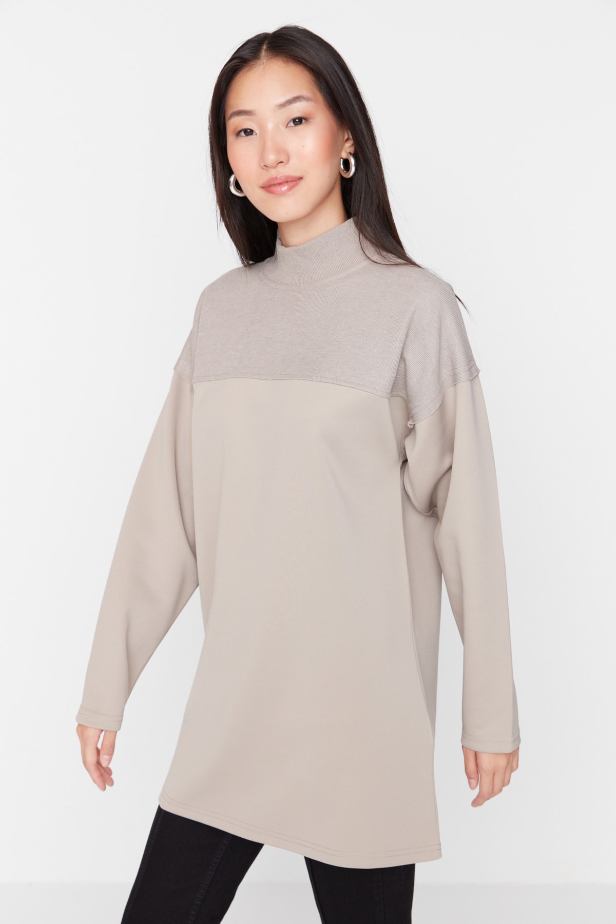 Trendyol Mink Oversize Knitted Color Block Sweatshirt Tunic