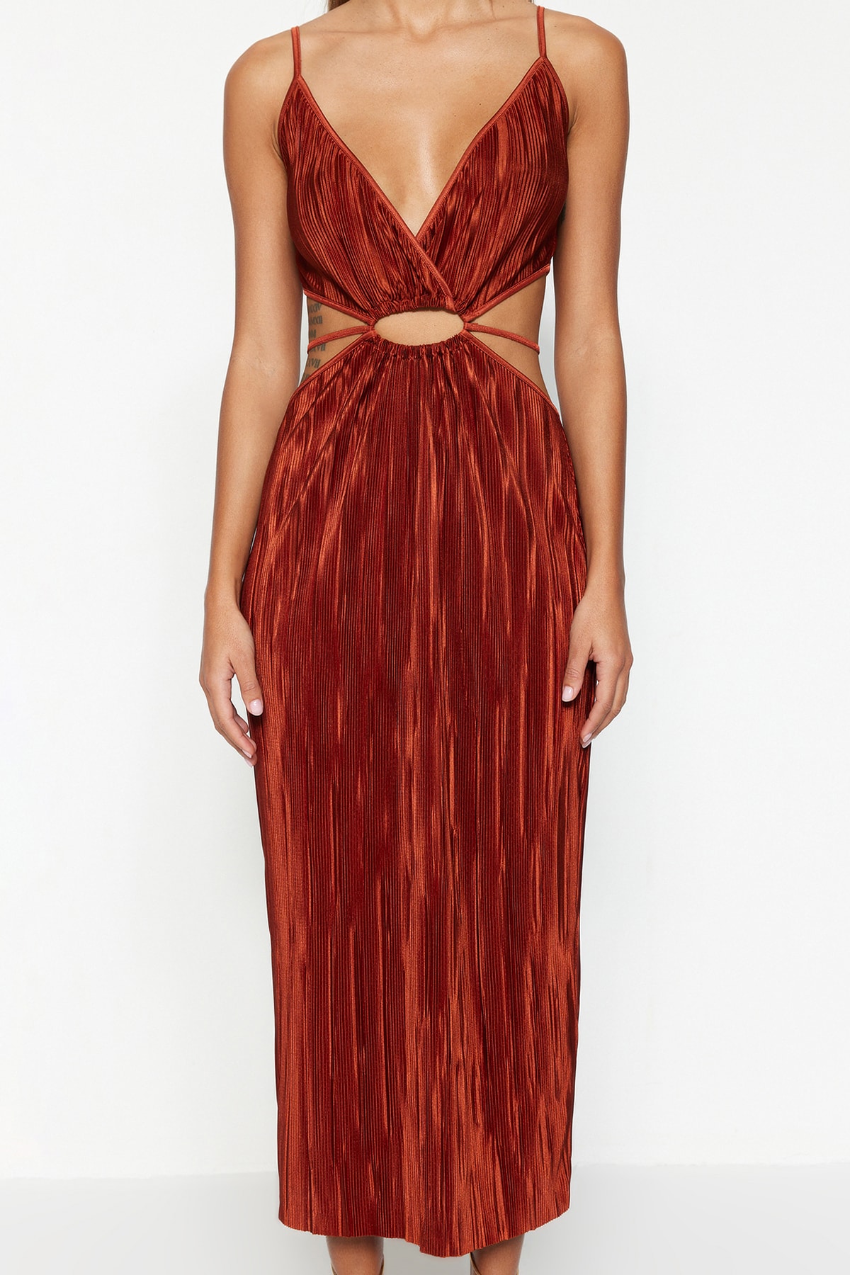 Trendyol Cinnamon Talie Deschidere/Fereastră skater/Croială tricotată Rochie de seară elegantă detaliată cu țevi