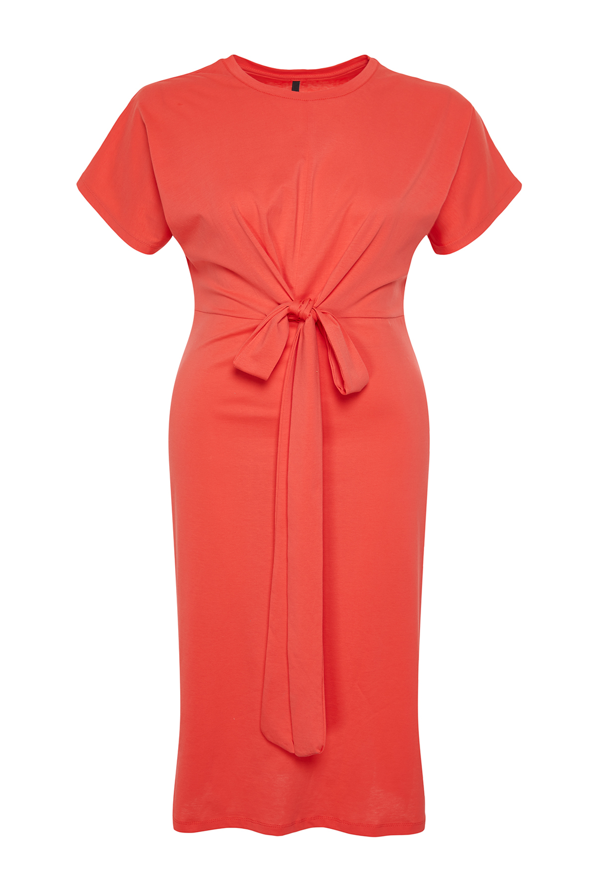 Trendyol Curve Red Straight Cut Tie Detailed Slit Maxi/Long 100% Cotton Knitted Dress