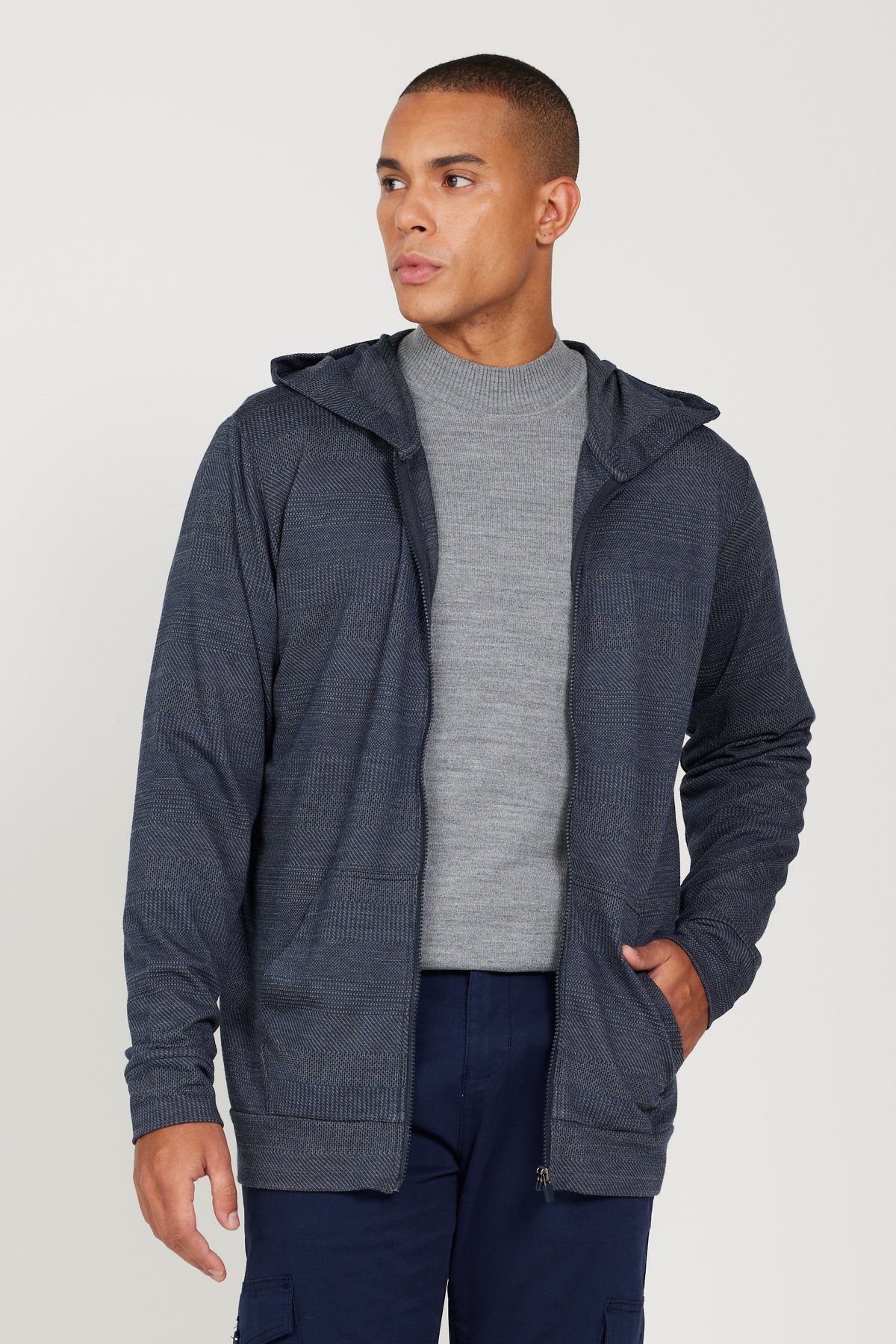 Levně AC&Co / Altınyıldız Classics Men's Navy Blue-gray Standard Fit Regular Fit Hooded Zipper Sweatshirt Jacket