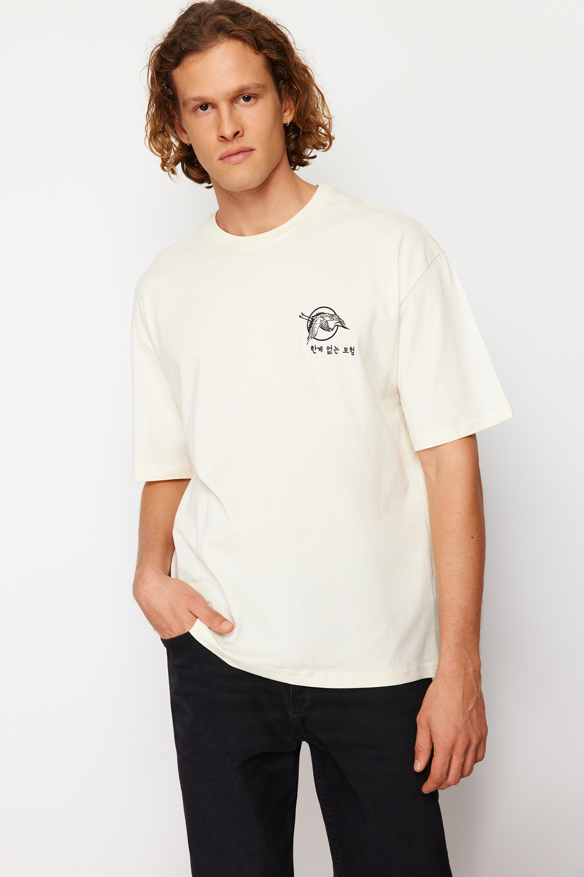 Levně Trendyol Stone Oversize/Wide-Fit Oriental Print Short Sleeve 100% Cotton T-Shirt