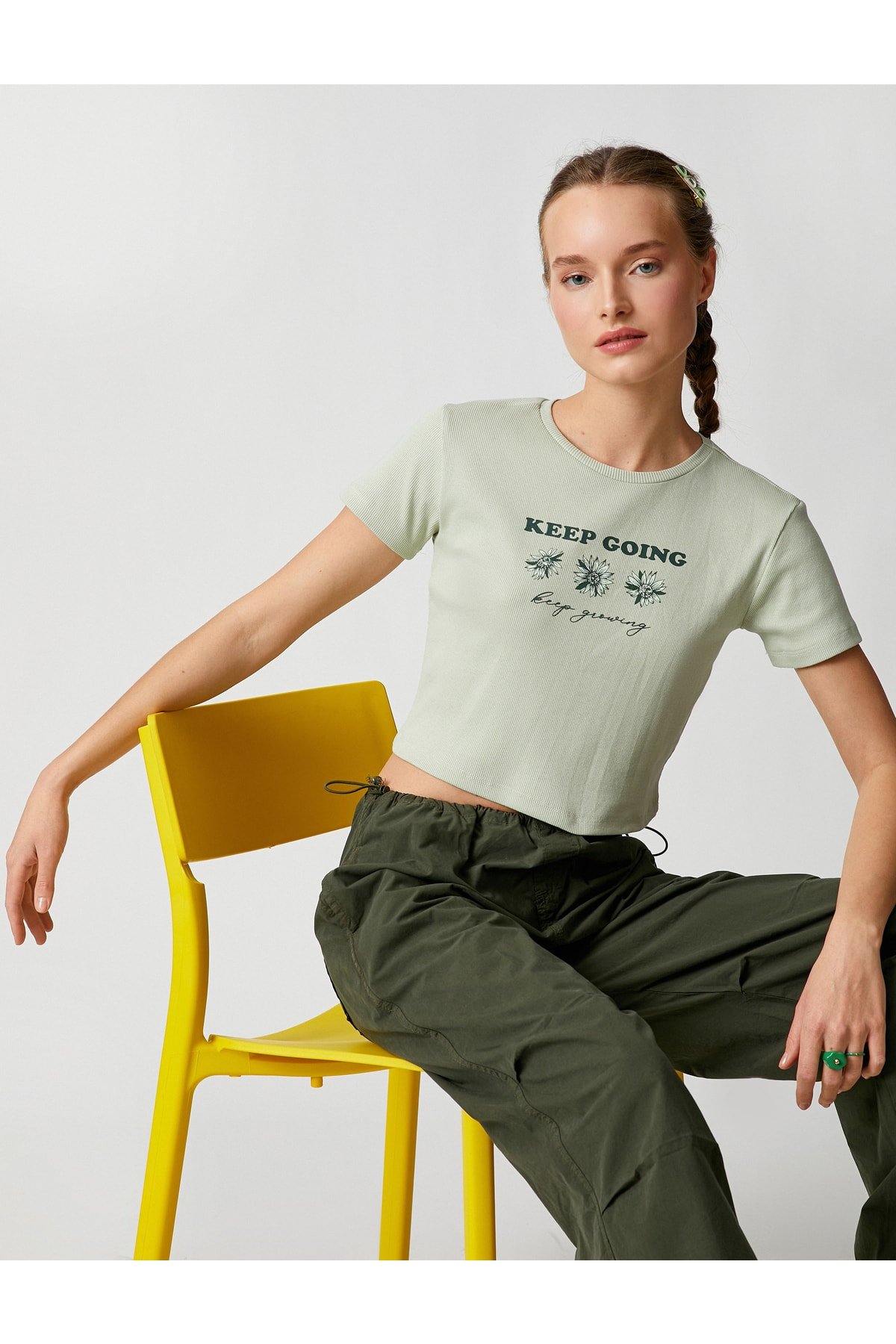 Koton Printed Crop T-Shirt, Crew Neck Short Sleeves