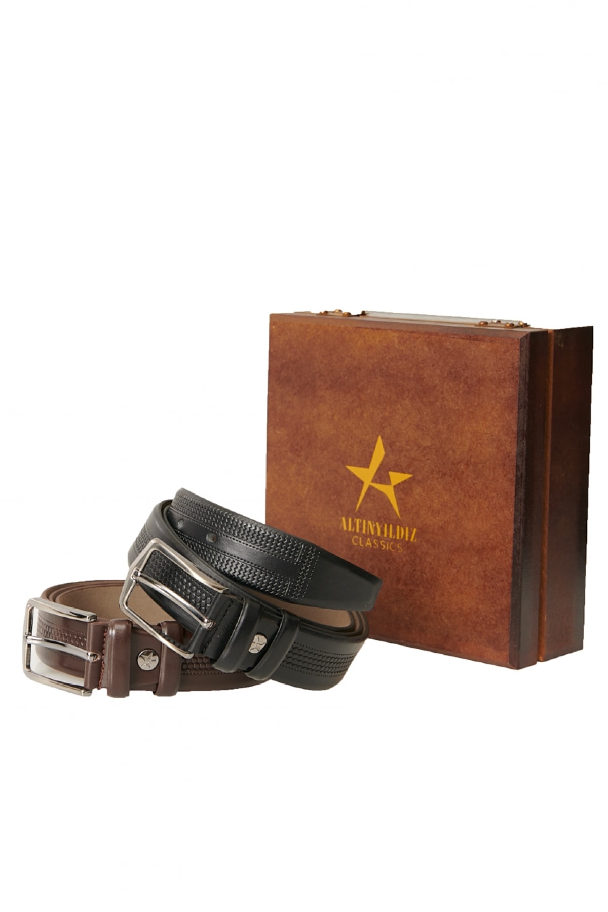 Levně ALTINYILDIZ CLASSICS Men's Black-Brown Special Wooden Gift Boxed 2-Piece Suit Belt Groom's Pack