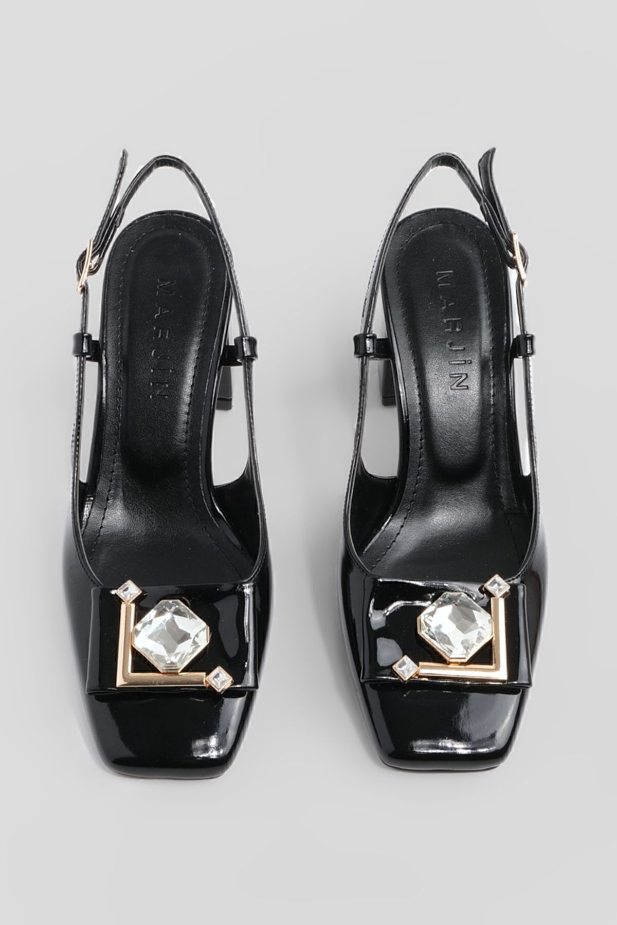 Marjin Women's Chunky Heel Buckled Open Back Flat Toe Classic Heel Shoes Eskas Black Patent Leather