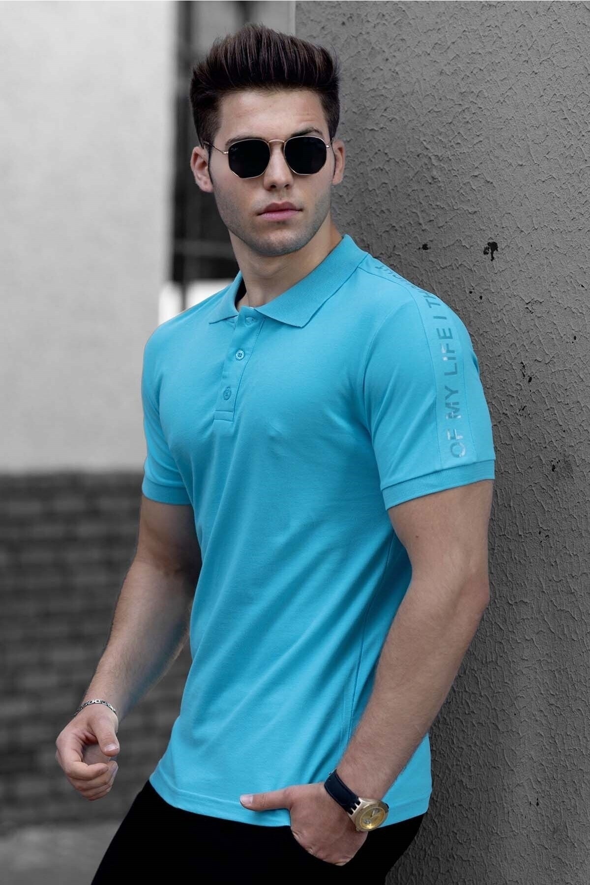 Levně Madmext Shoulder Print Men's Blue Polo T-Shirt 4585