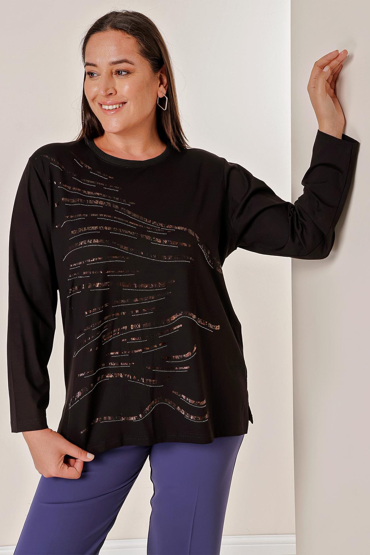 By Saygı Front Stone Print And Foil Long Sleeve Plus Size Blouse