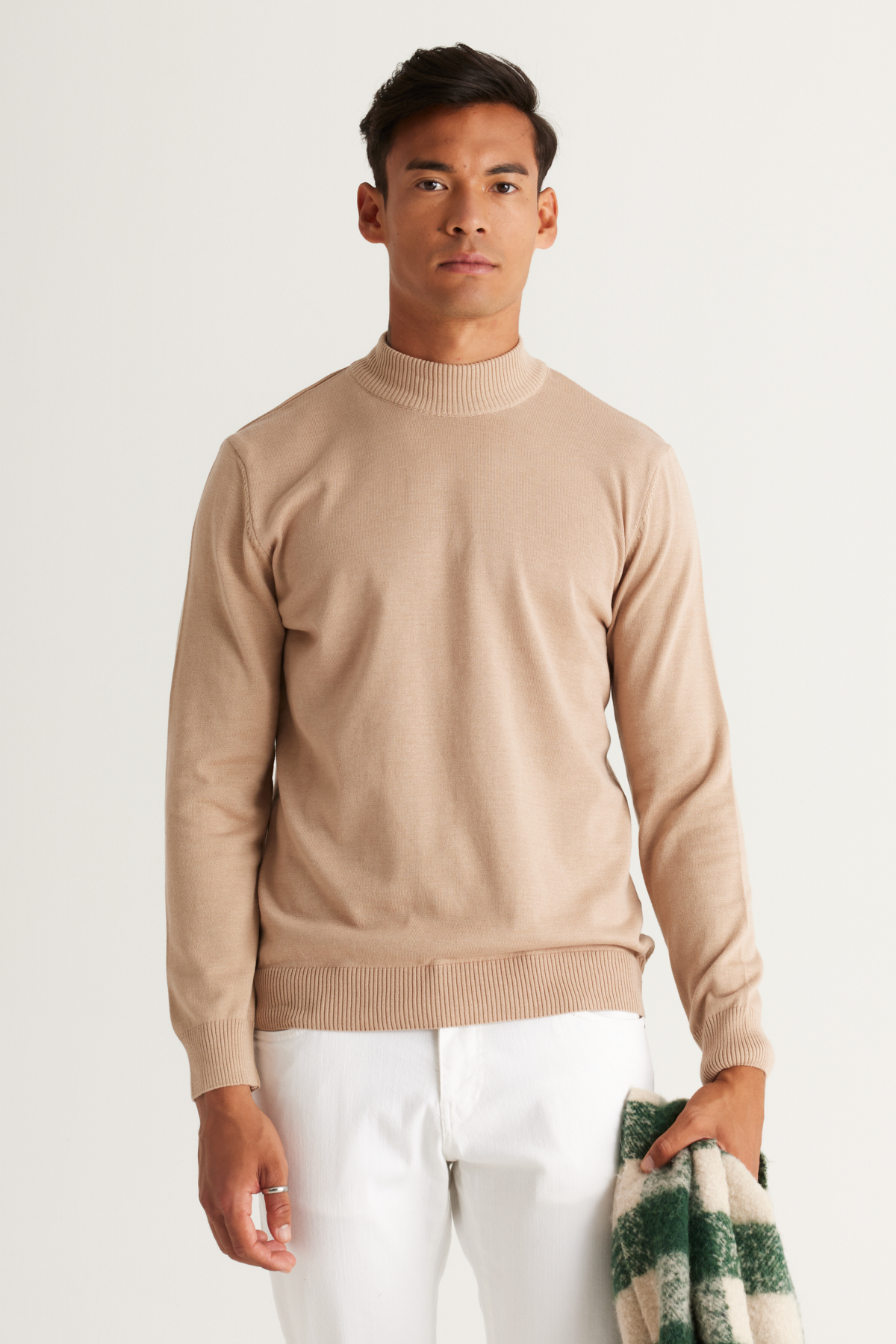 ALTINYILDIZ CLASSICS Men's Beige Melange Standard Fit Normal Cut Half Turtleneck Cotton Knitwear Sweater.