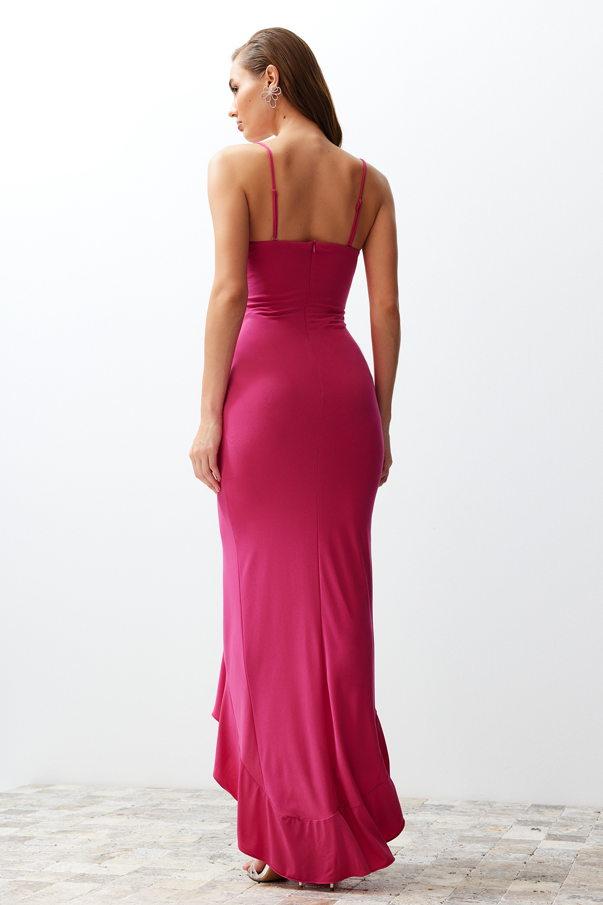 Trendyol Fuchsia Body-Sit Ruffle Knitted Long Elegant Evening Dress