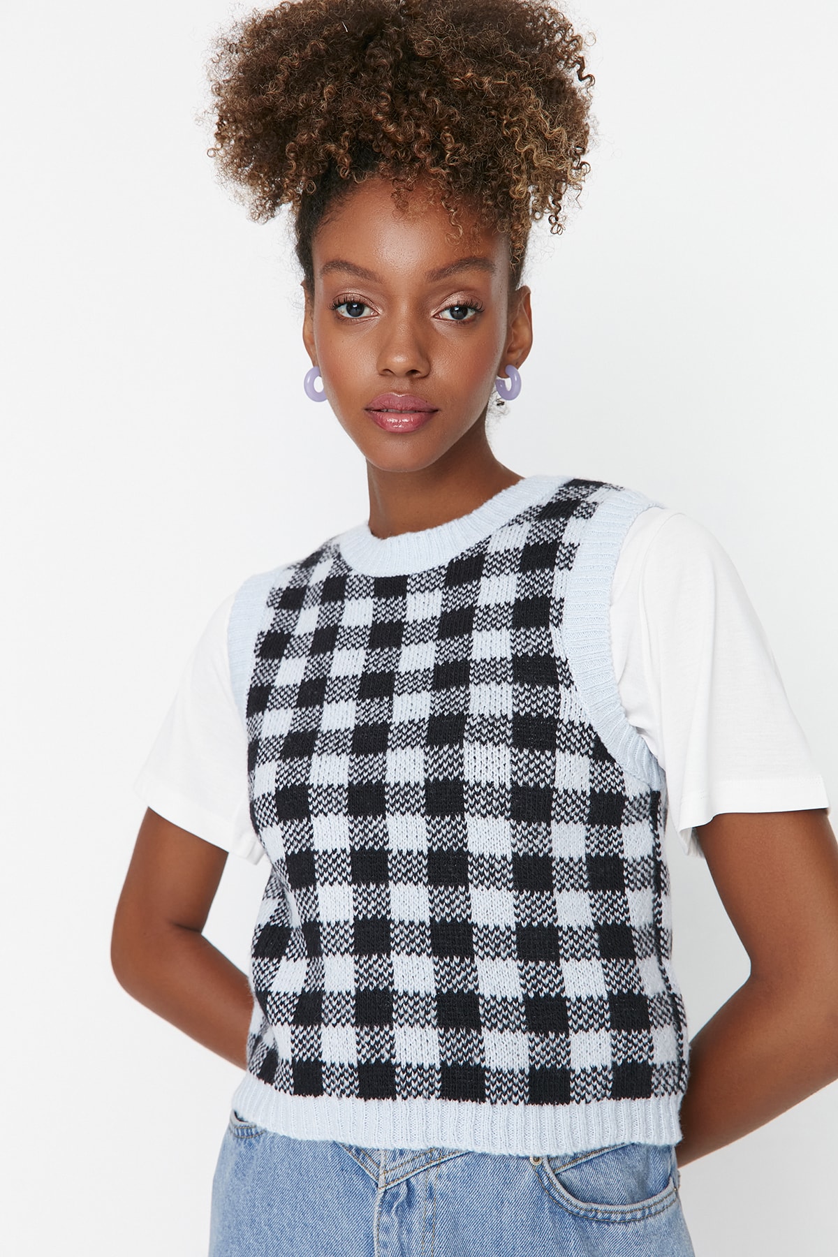 Trendyol Blue Crop Jacquard-Knitwear Sweater