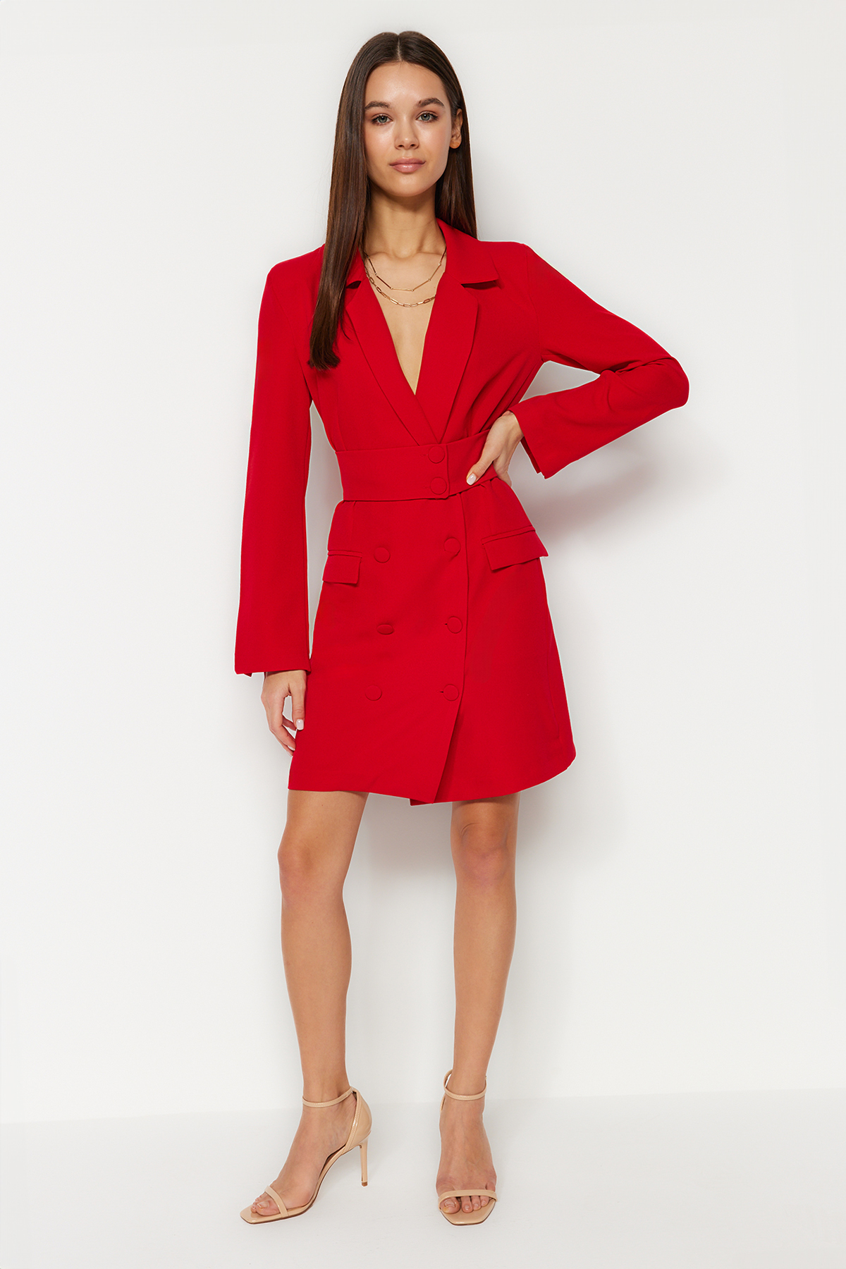 Trendyol Red Belted Mini Woven Button Detailed Woven Woven Dress
