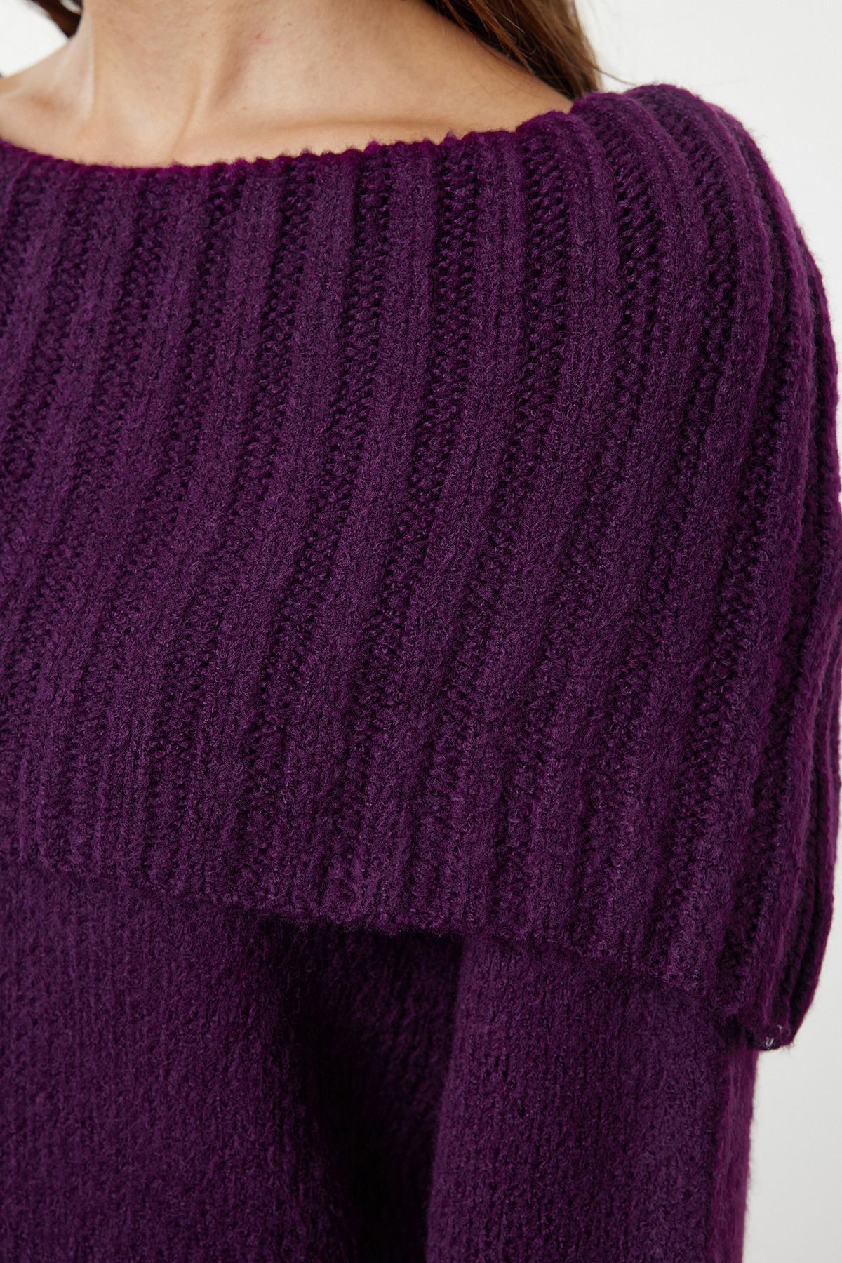 Trendyol Plum Wide Pattern Soft Texture Cowl Collar Knitwear Sweater