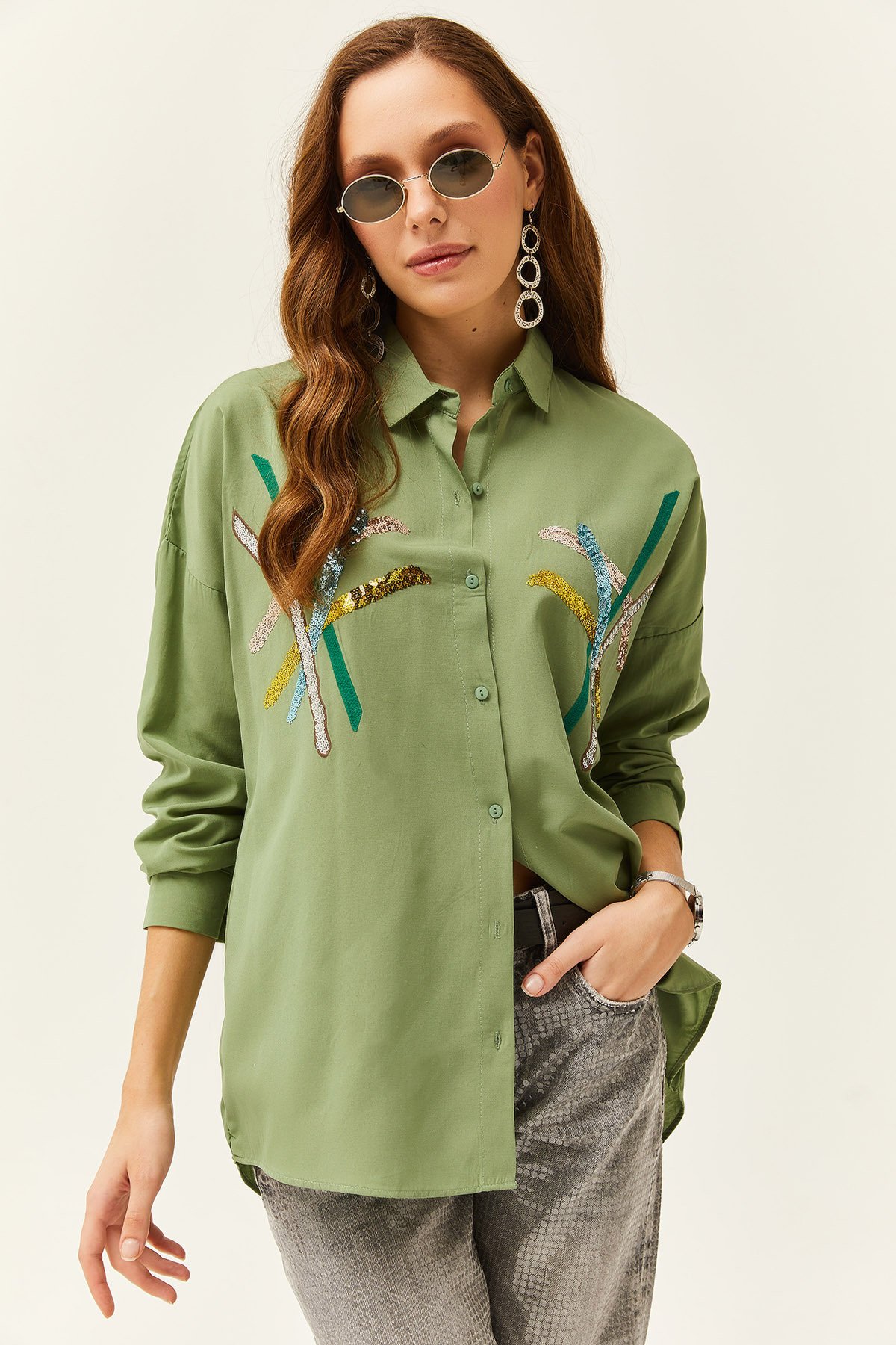 Levně Olalook Women's Mustard Green Color Sequin Stick Woven Shirt