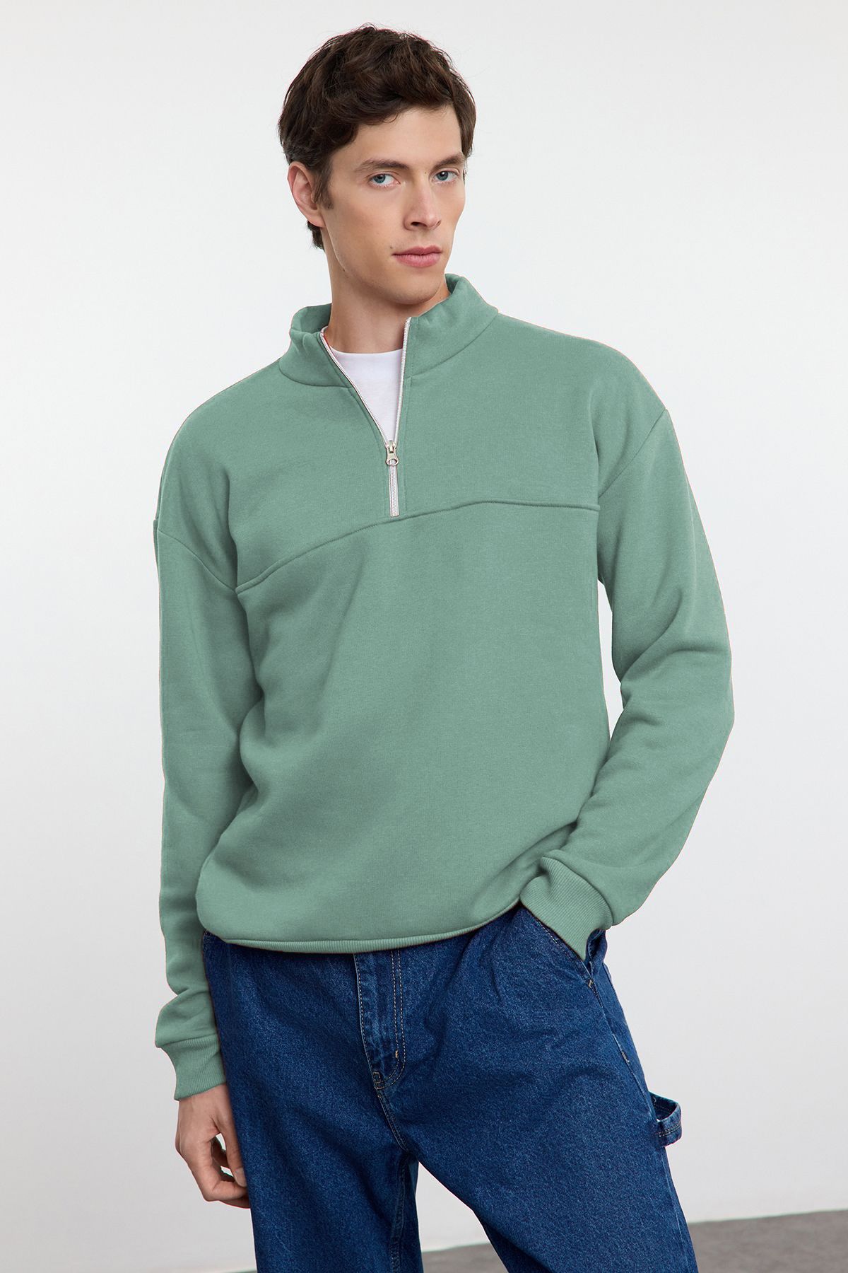 Trendyol Mint Oversize/Wide Cut Stand Collar Zippered Inside Polar Fleece/Warm Basic Sweatshirt