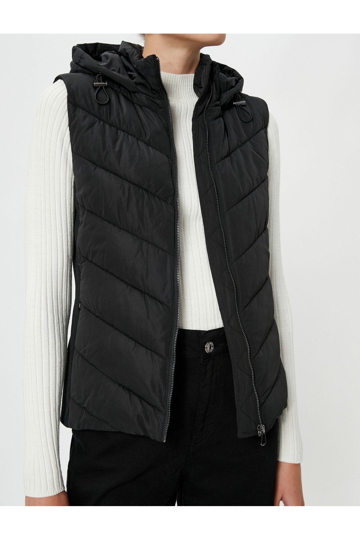 Koton Short Puffer Vest Hooded Zipper Pocket Detailed