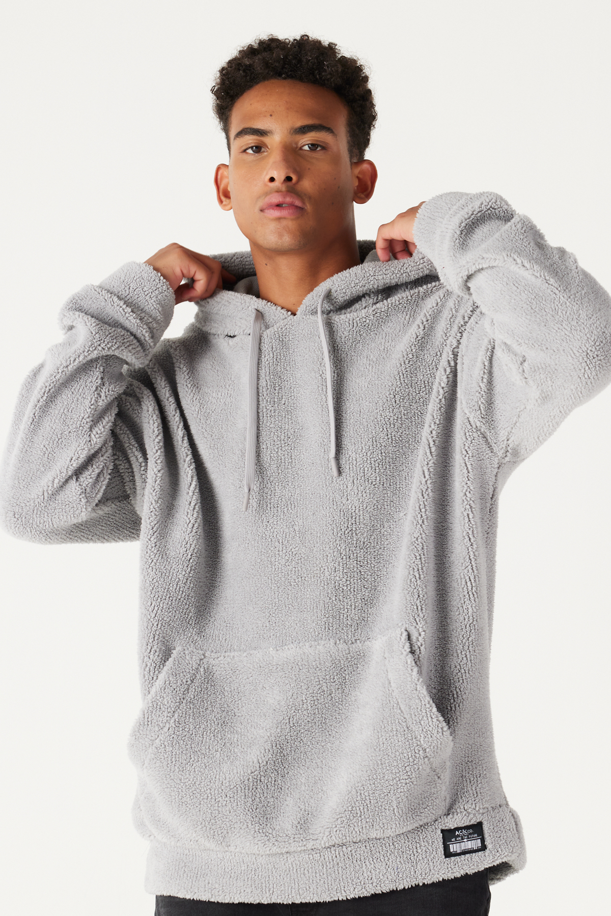 AC&Co / Altınyıldız Classics Men's Light Gray Oversize Wide-Fit Hooded Sherpa Sweatshirt Fleece