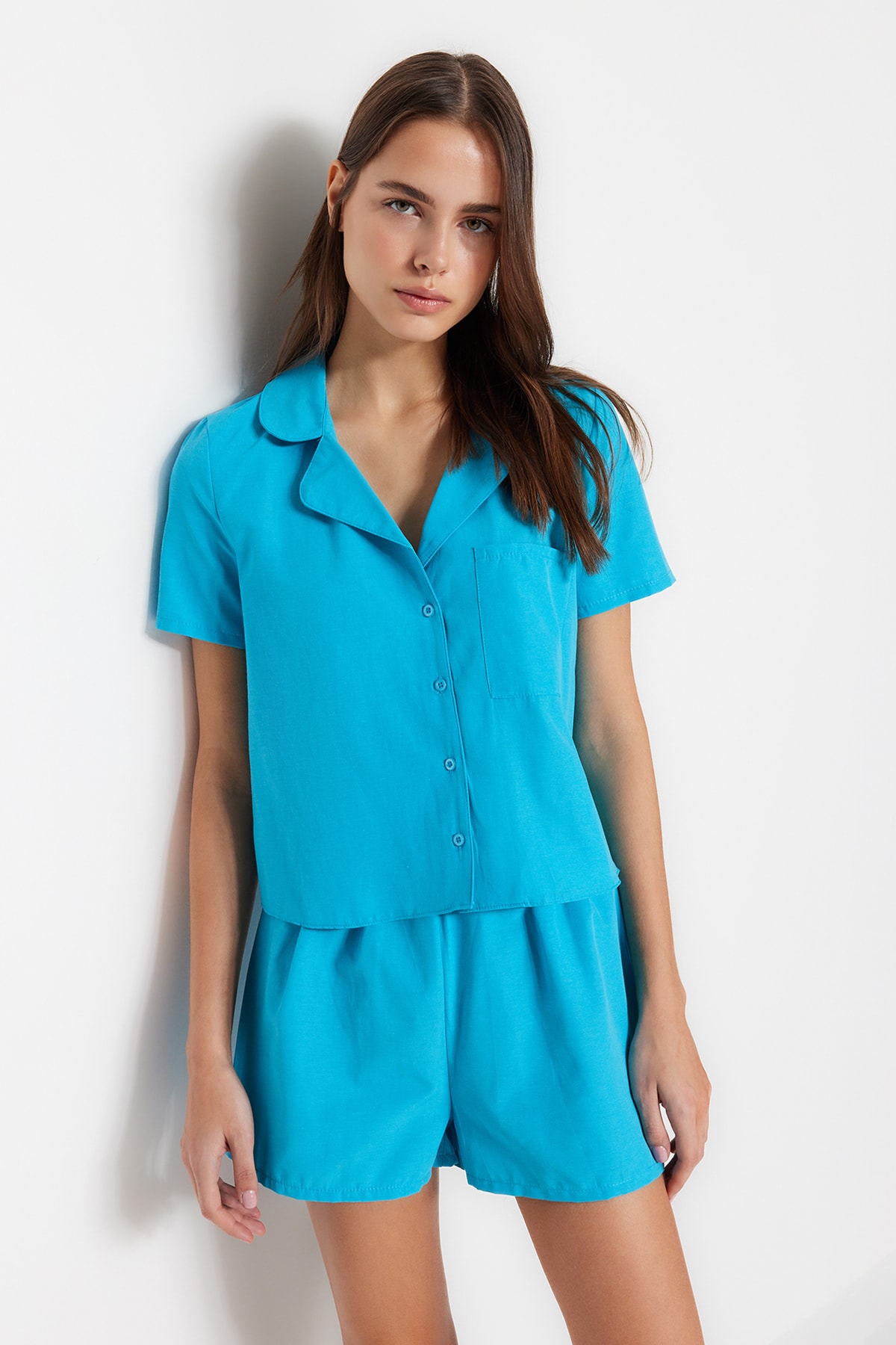 Levně Trendyol Blue Terrycotton Shirt-Shorts Woven Pajama Set