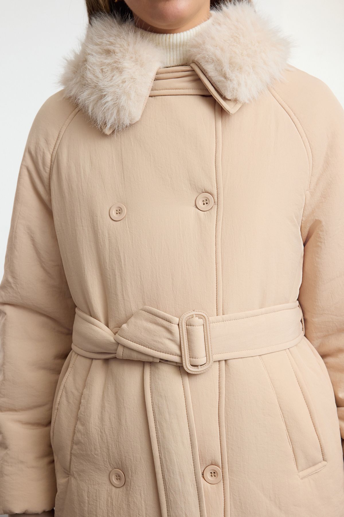 Trendyol Mink Oversize Molded Collar Plush Detail Belted Water Repellent Long Parka Puffer Coat