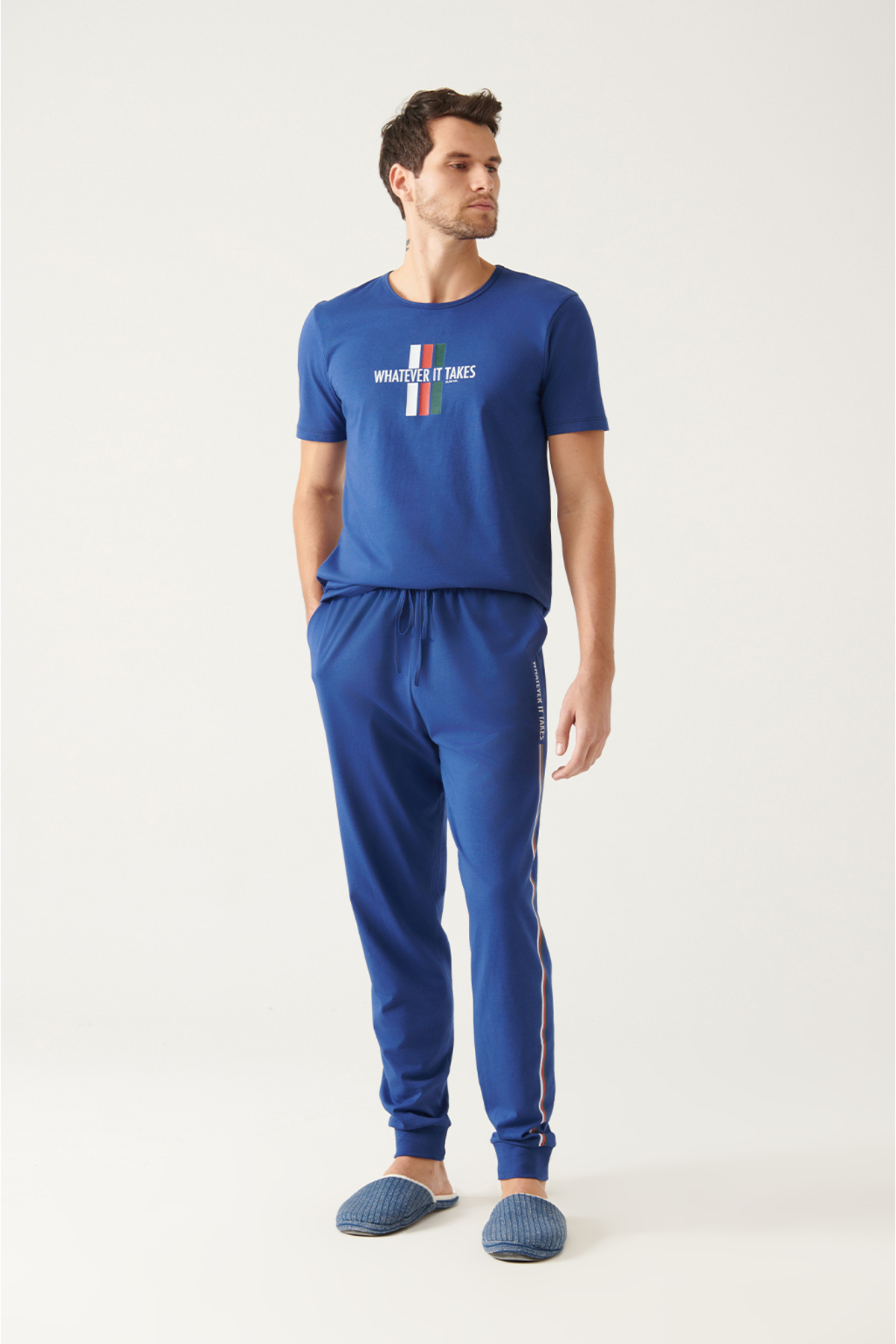 Levně Avva Men's Indigo Crew Neck 100% Cotton Special Boxed Short Sleeve Pajamas Set