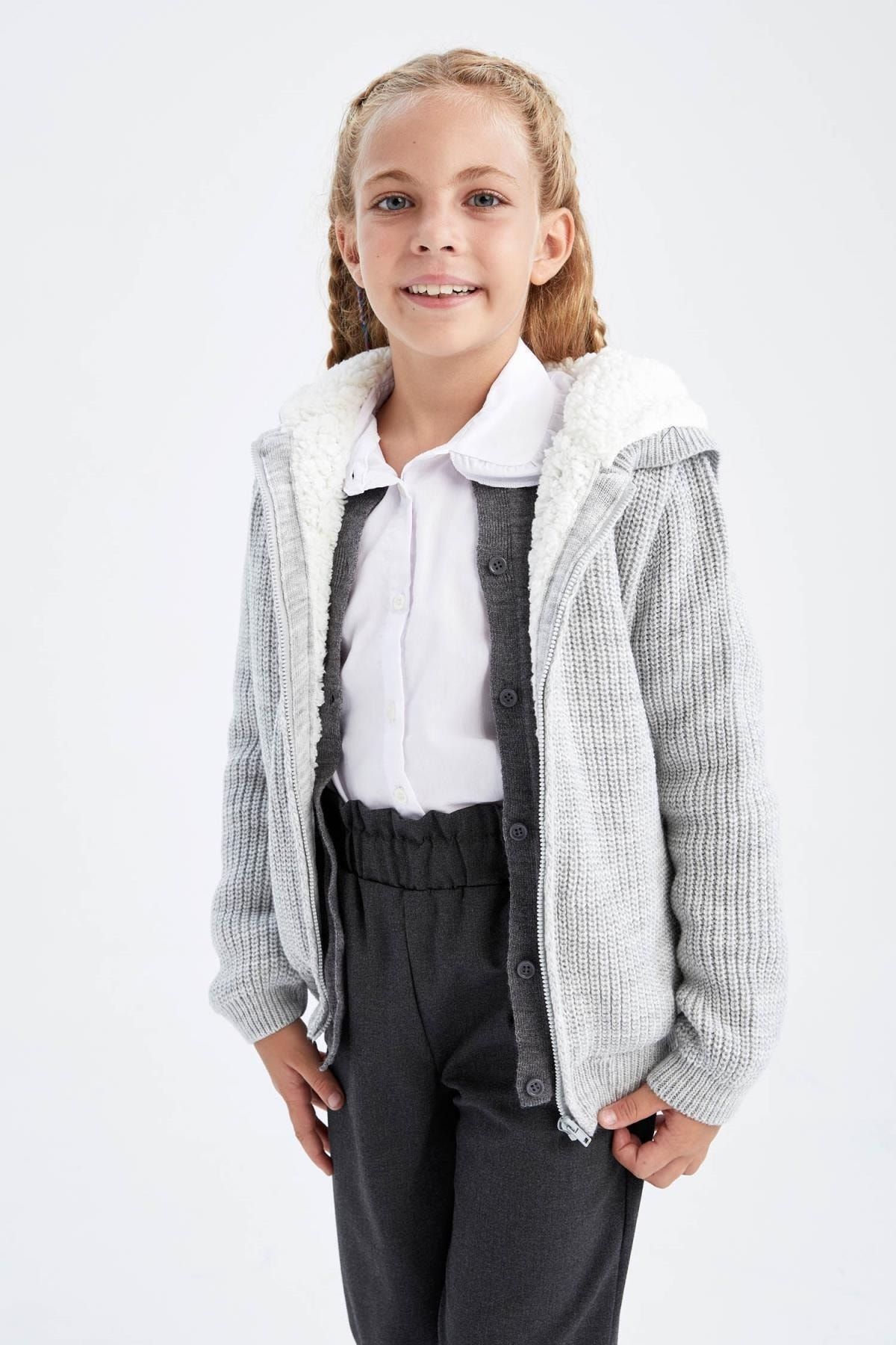 DEFACTO Girls' Back To School Hooded Cardigan