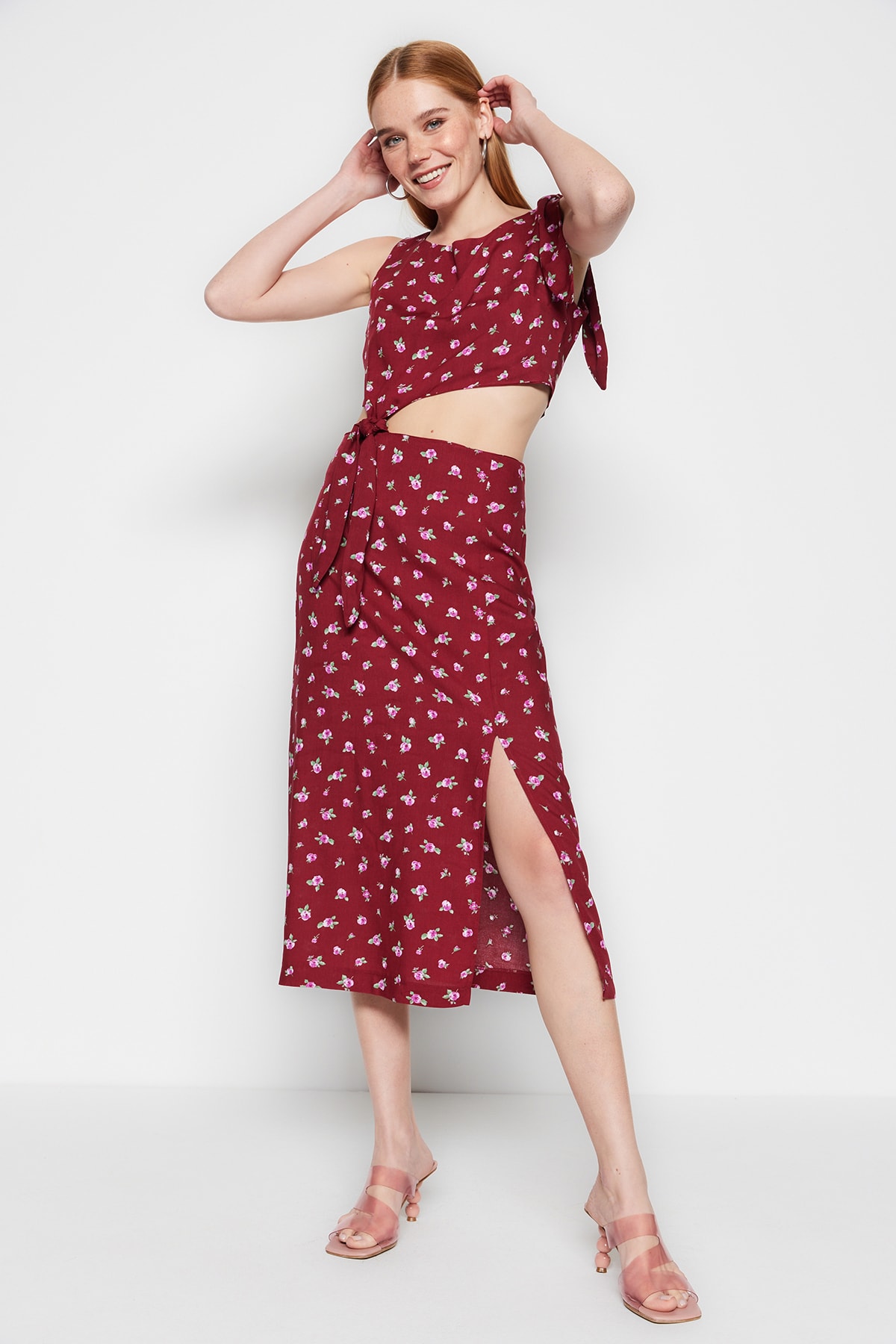 Trendyol Claret Red A-Line Midi Weave Lace Detailed Floral Dress with a Slit