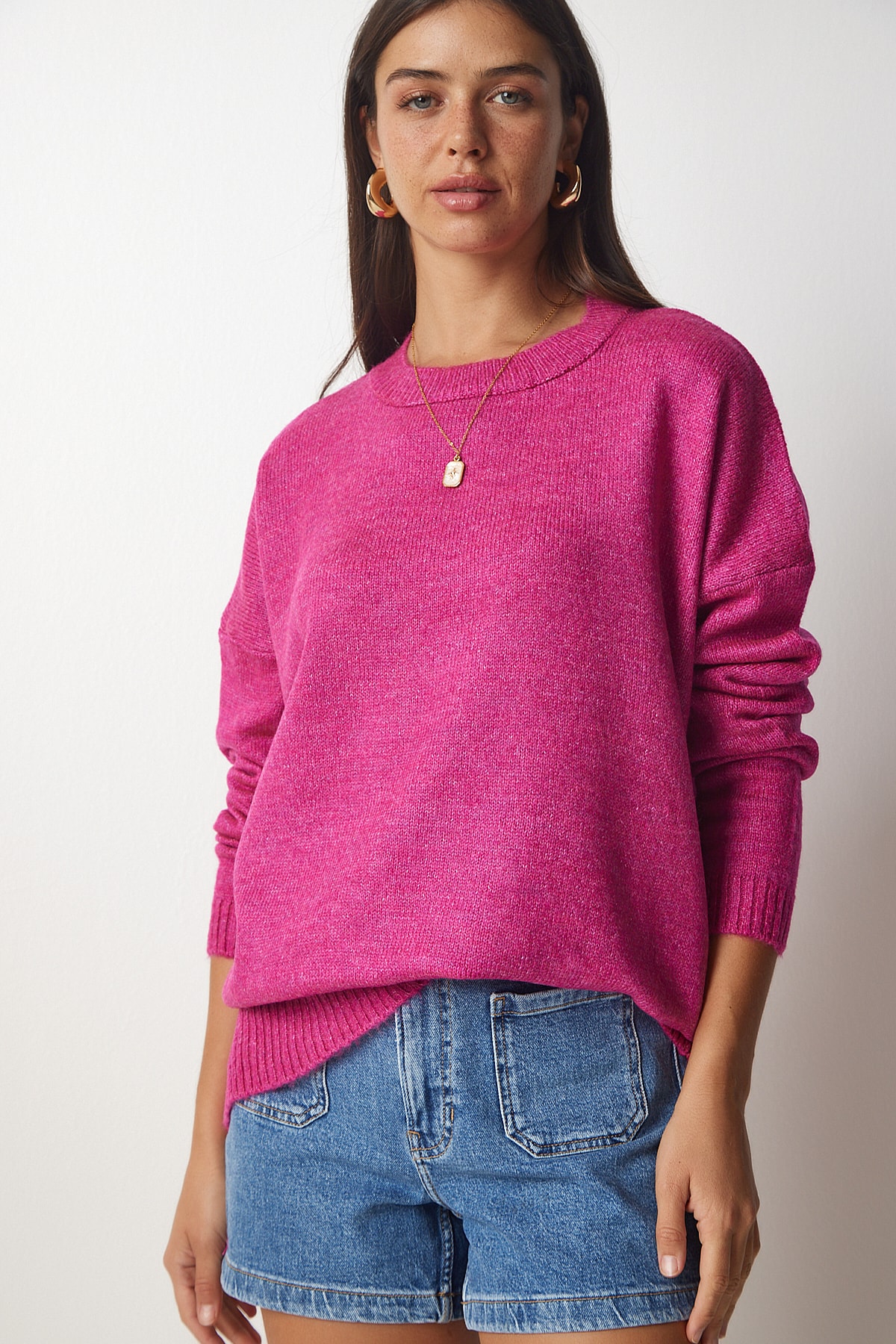 Levně Štěstí İstanbul Dámský růžový kulatý výstřih Oversize pletený svetr