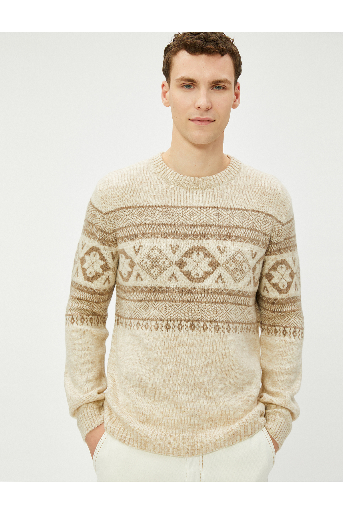 Levně Koton Acrylic Blended Sweater Ethnic Patterned Crew Neck