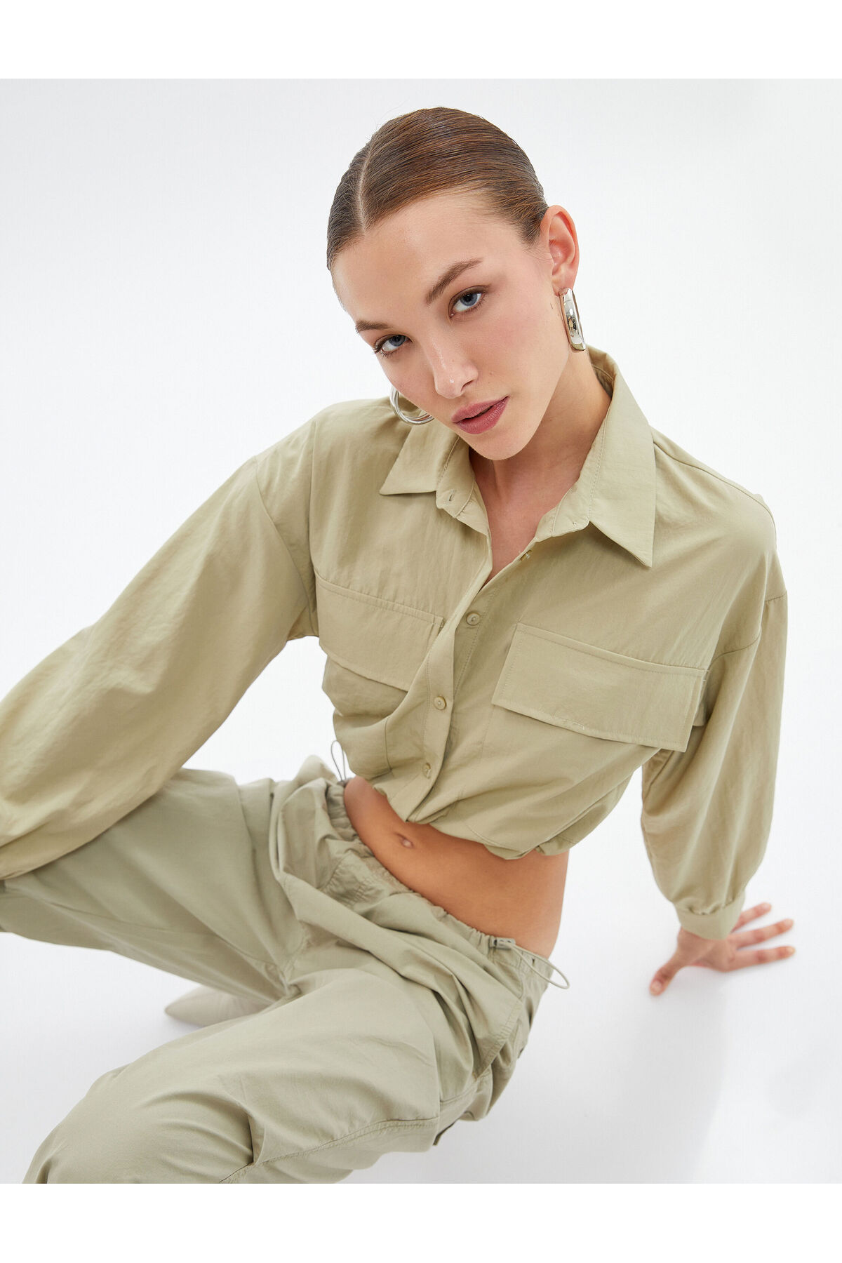 Koton Crop Parachute Shirt Elastic Waist Pocket Buttoned