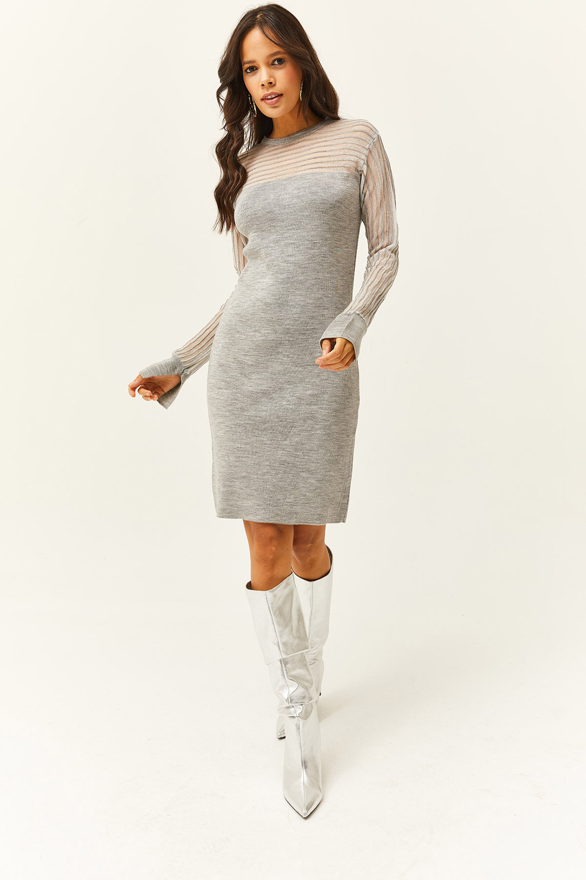 Levně Olalook Women's Gray Transparent Tulle Detailed Mini Knitwear Dress