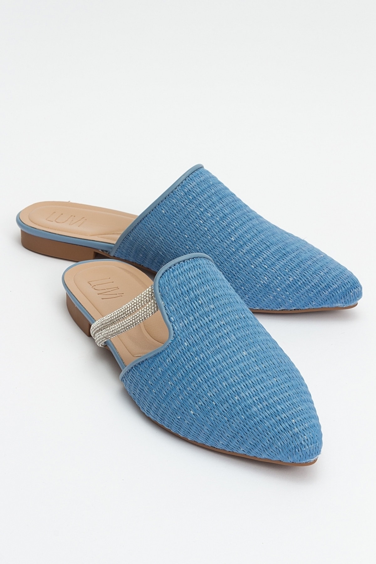 Levně LuviShoes PESA Blue Women's Slippers with Straw Stones