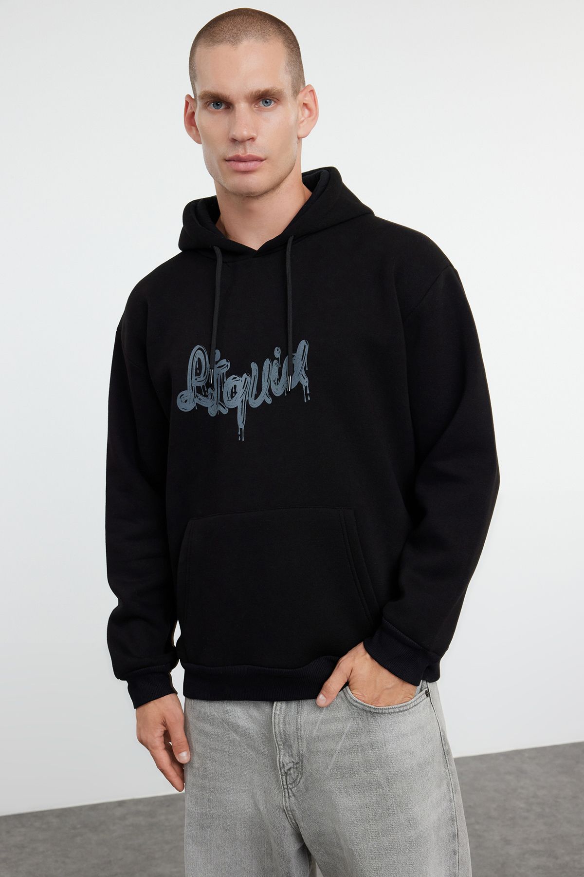 Trendyol Black Oversize/Wide Cut Hooded Text Printed Fleece/Warm Sweatshirt