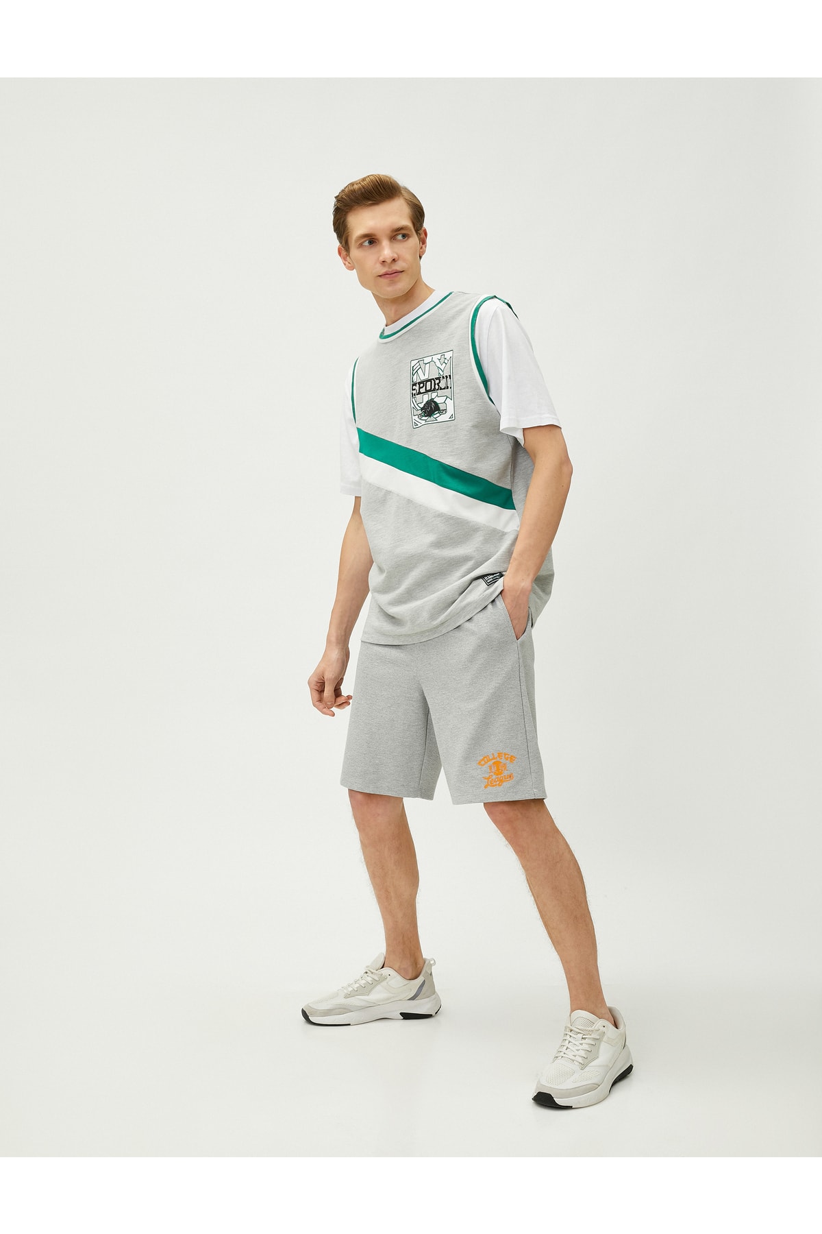 Koton College Shorts With Lace-Up Waist, Slim Fit Embroidered Embroidered Pockets.