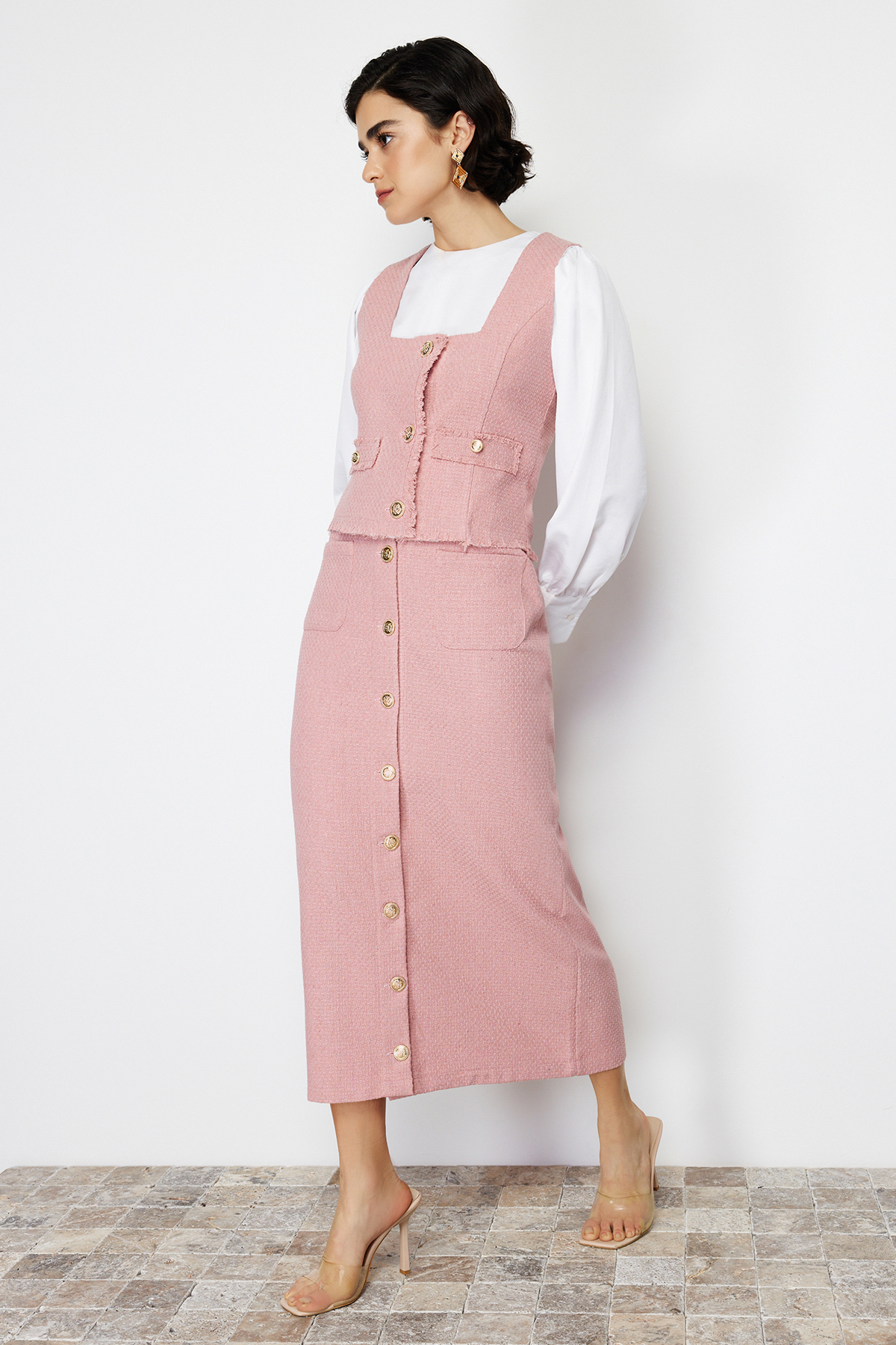 Trendyol Fuchsia Tweed Vest Skirt Woven Bottom Top Set
