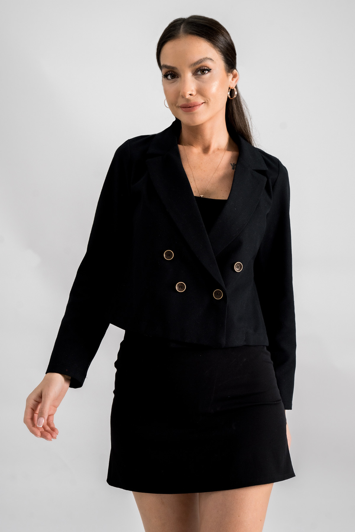 Levně armonika Women's Black Double Breasted Collar Gabardine Crop Jacket