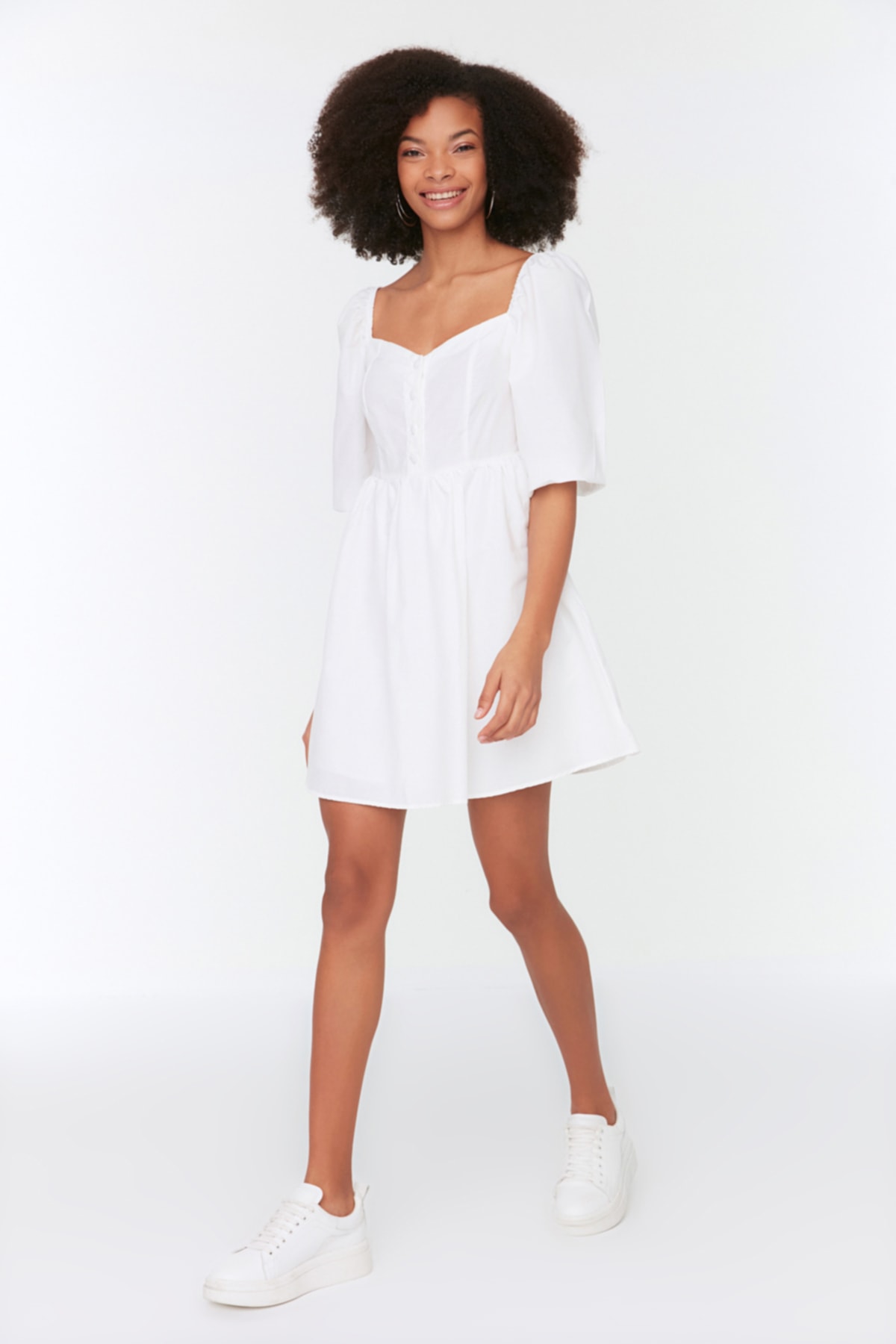 Trendyol Ecru Mini Waist Open Woven Balloon Sleeve Woven Dress