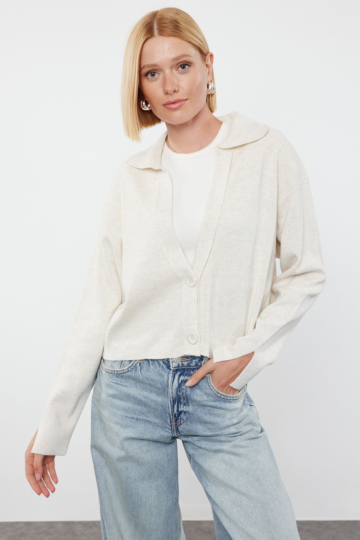 Trendyol Stone Turn-down Collar Knitwear Cardigan