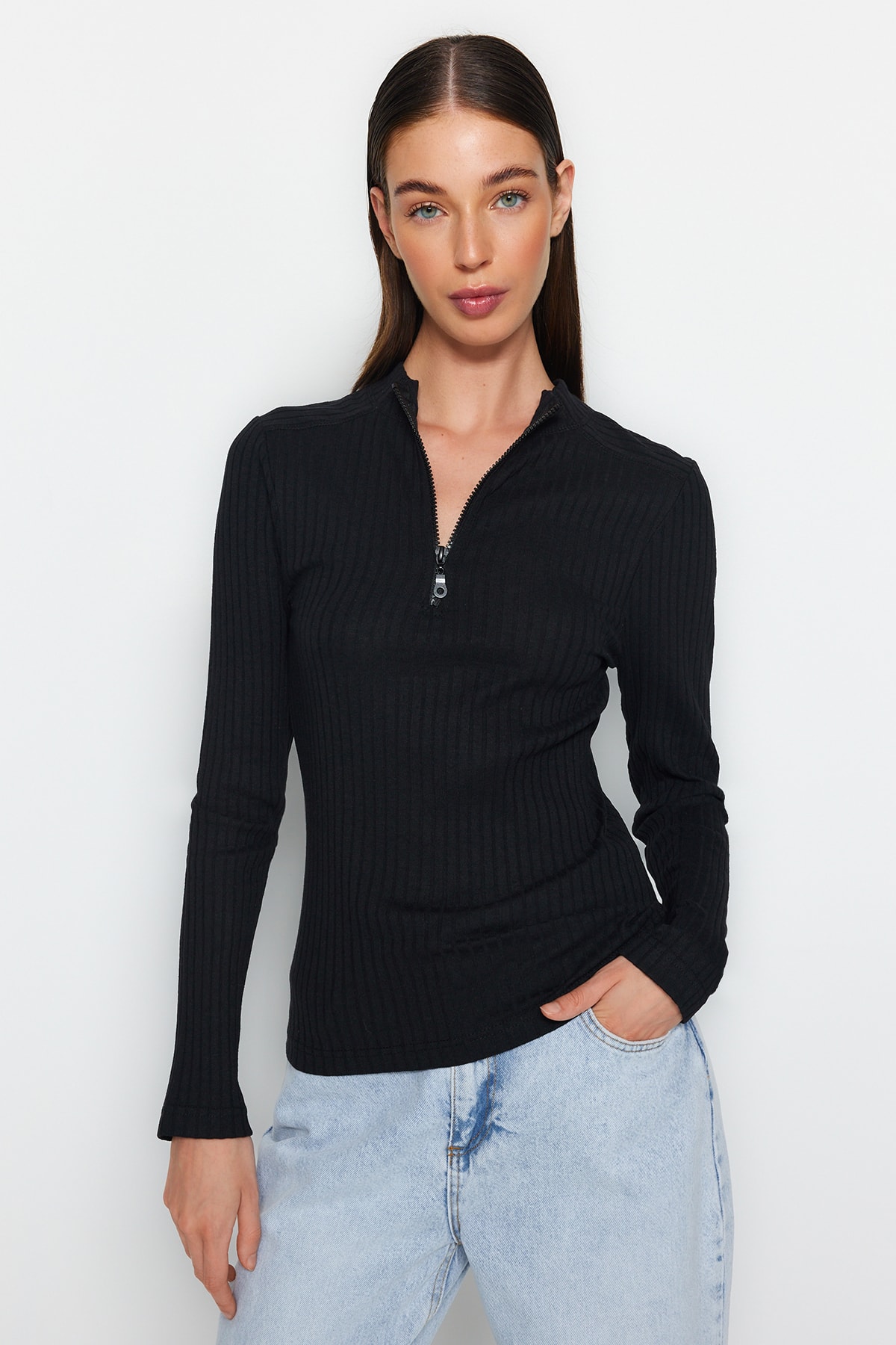 Trendyol Black Zipper Collar Regular Fit Shirt with Knitted Knitwear