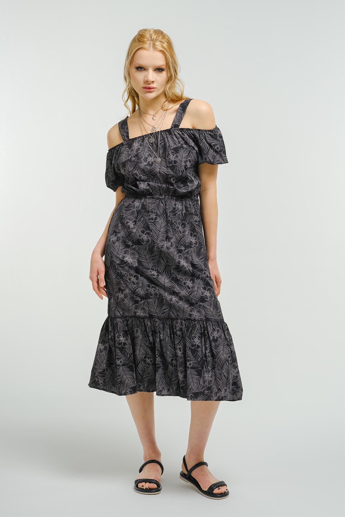 Levně armonika Women's Anthracite Patterned Elastic Waist Strap Dress
